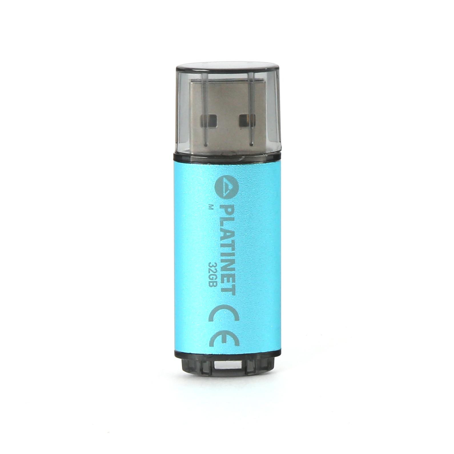 Chiavetta USB Platinet blu, 32GB. Tappo trasparente. Sfondo bianco.