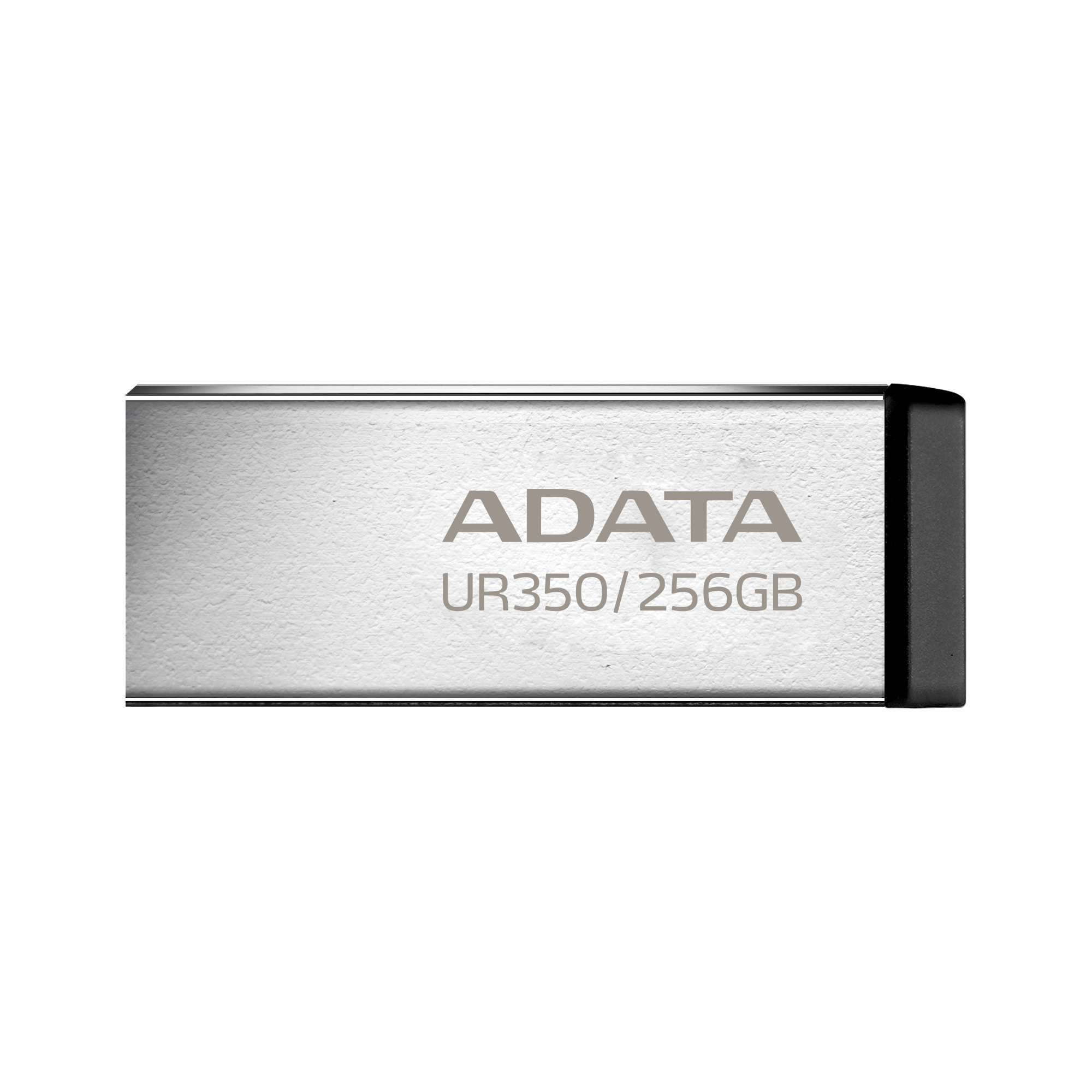 Srebrny pendrive ADATA, UR350/256GB. Czarna nasadka. Białe tło.