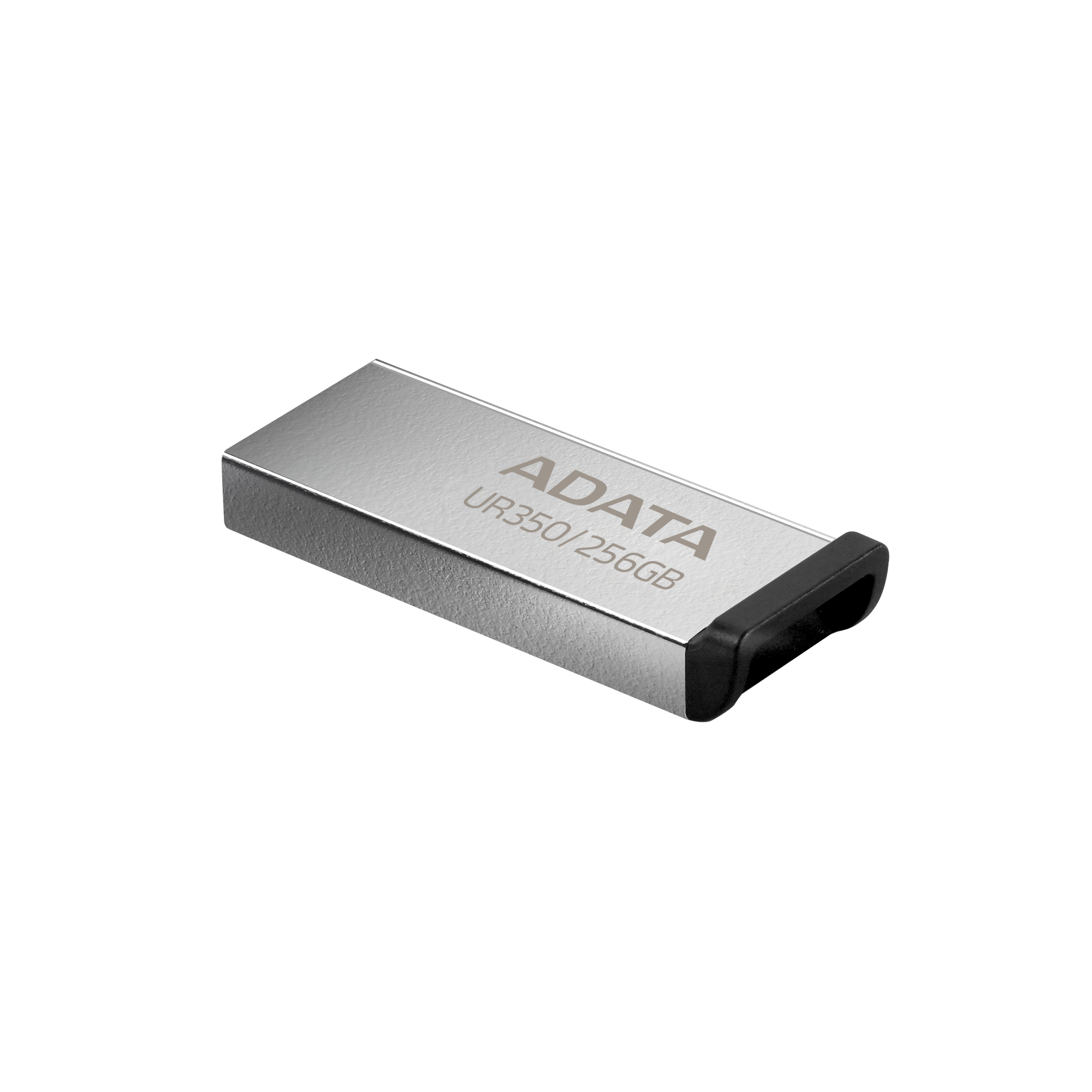 Srebrny pendrive ADATA, UR350/256GB. Białe tło.