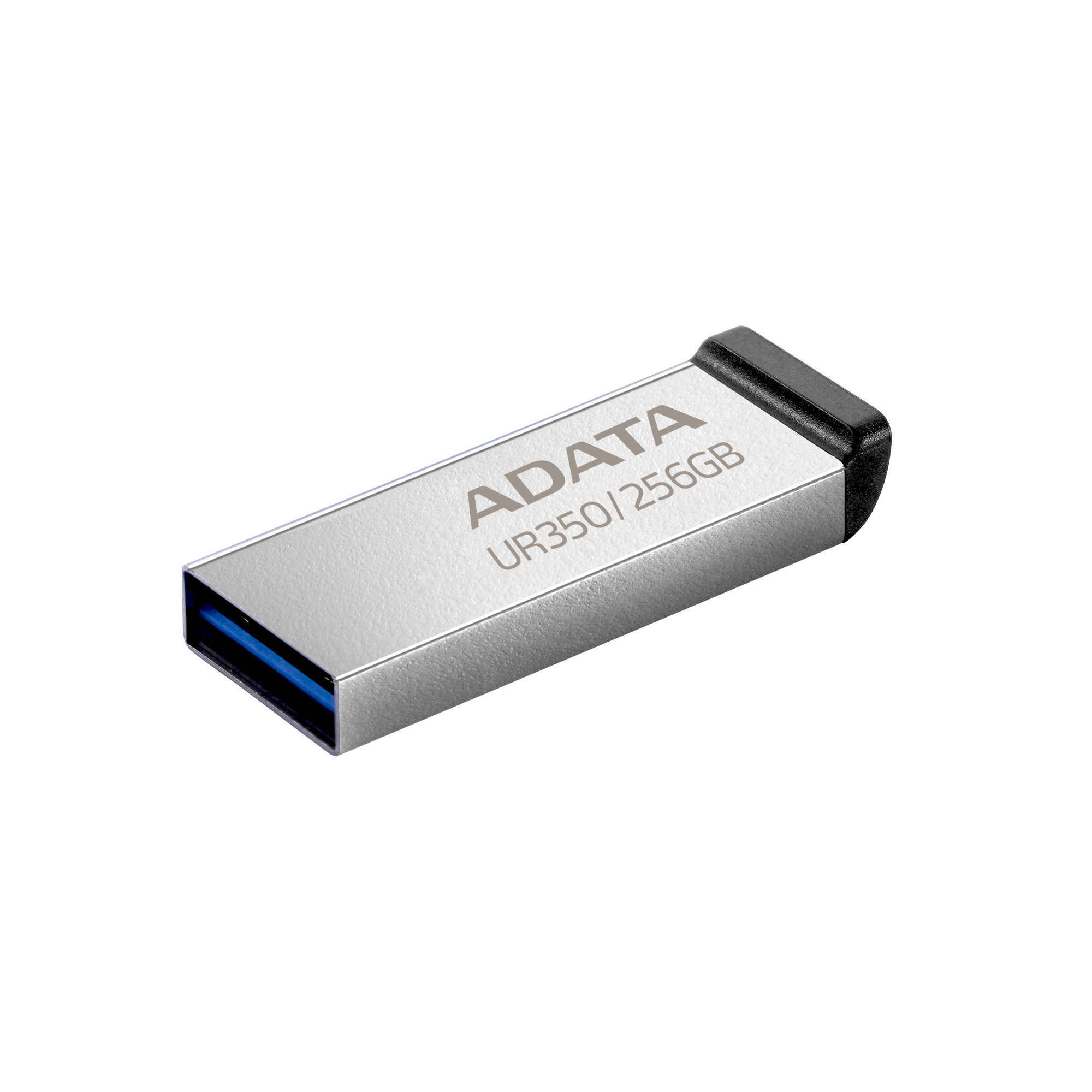 Srebrny pendrive ADATA 256GB na białym tle, widok z boku.