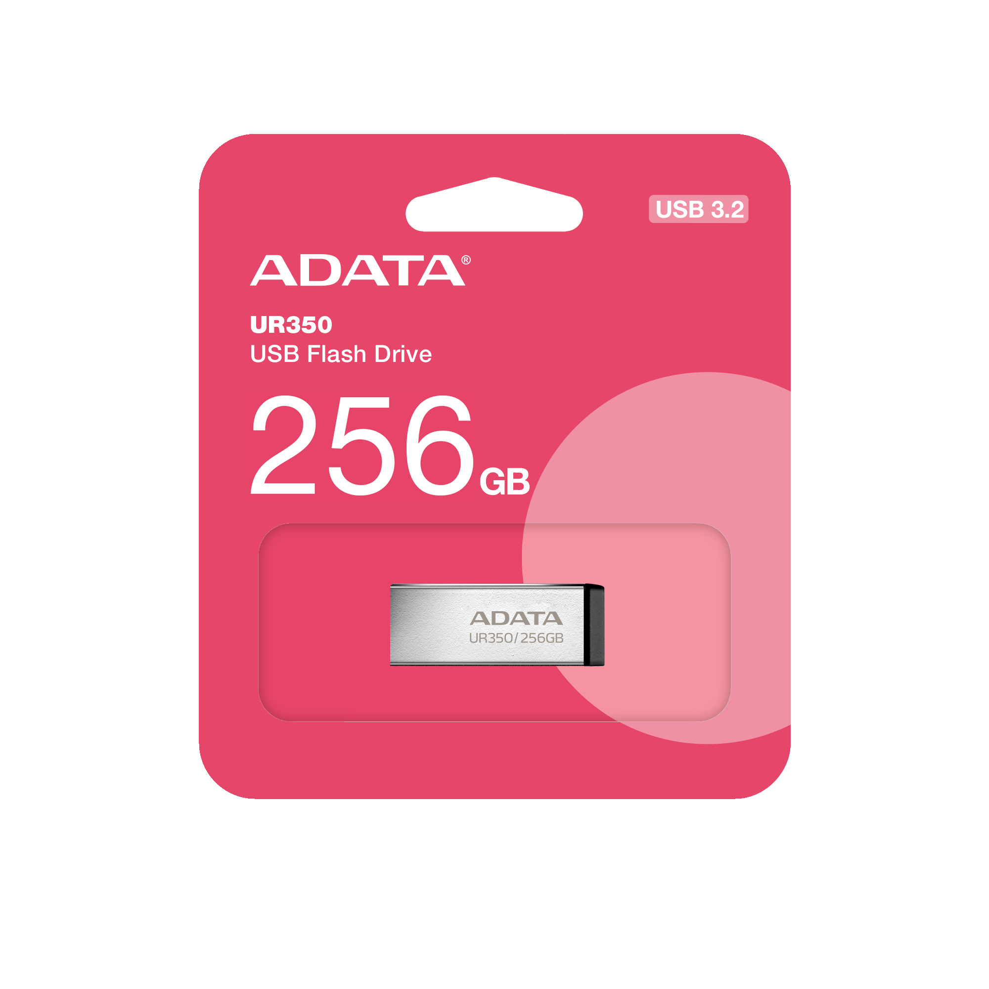 Opakowanie pendrive'a ADATA 256 GB. Różowe tło ze srebrnym pendrivem USB.