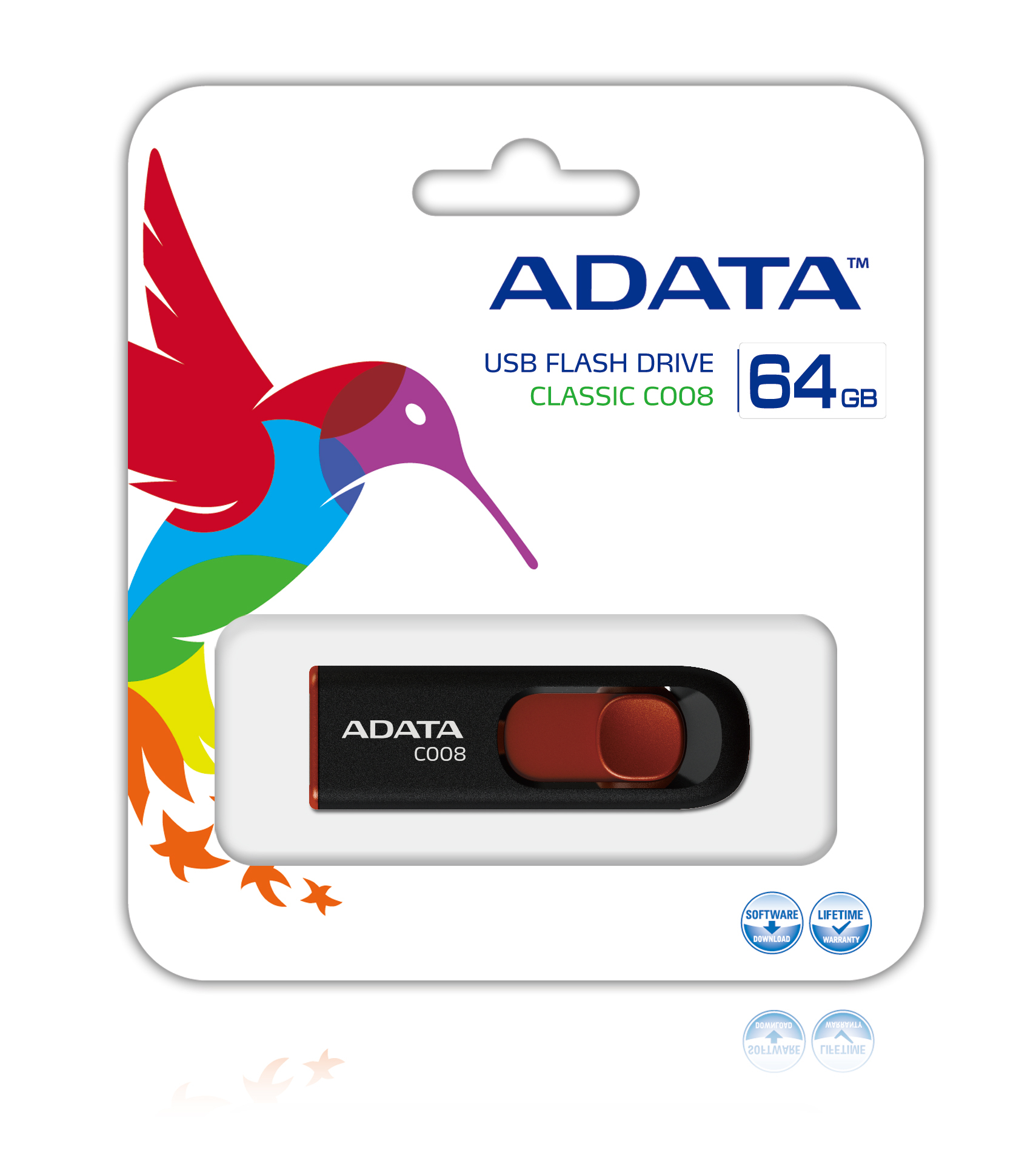 Pendrive ADATA 64GB w opakowaniu z kolorowym kolibrem na białym tle.