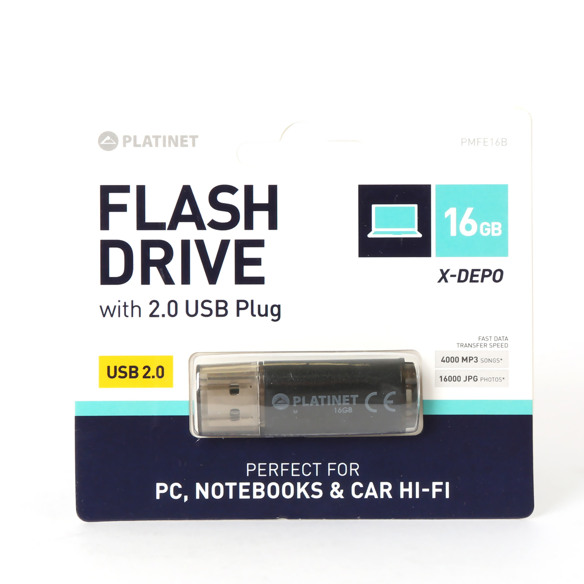 Platinet Flash Drive-Verpackung mit einem 16 GB USB 2.0-Stick.