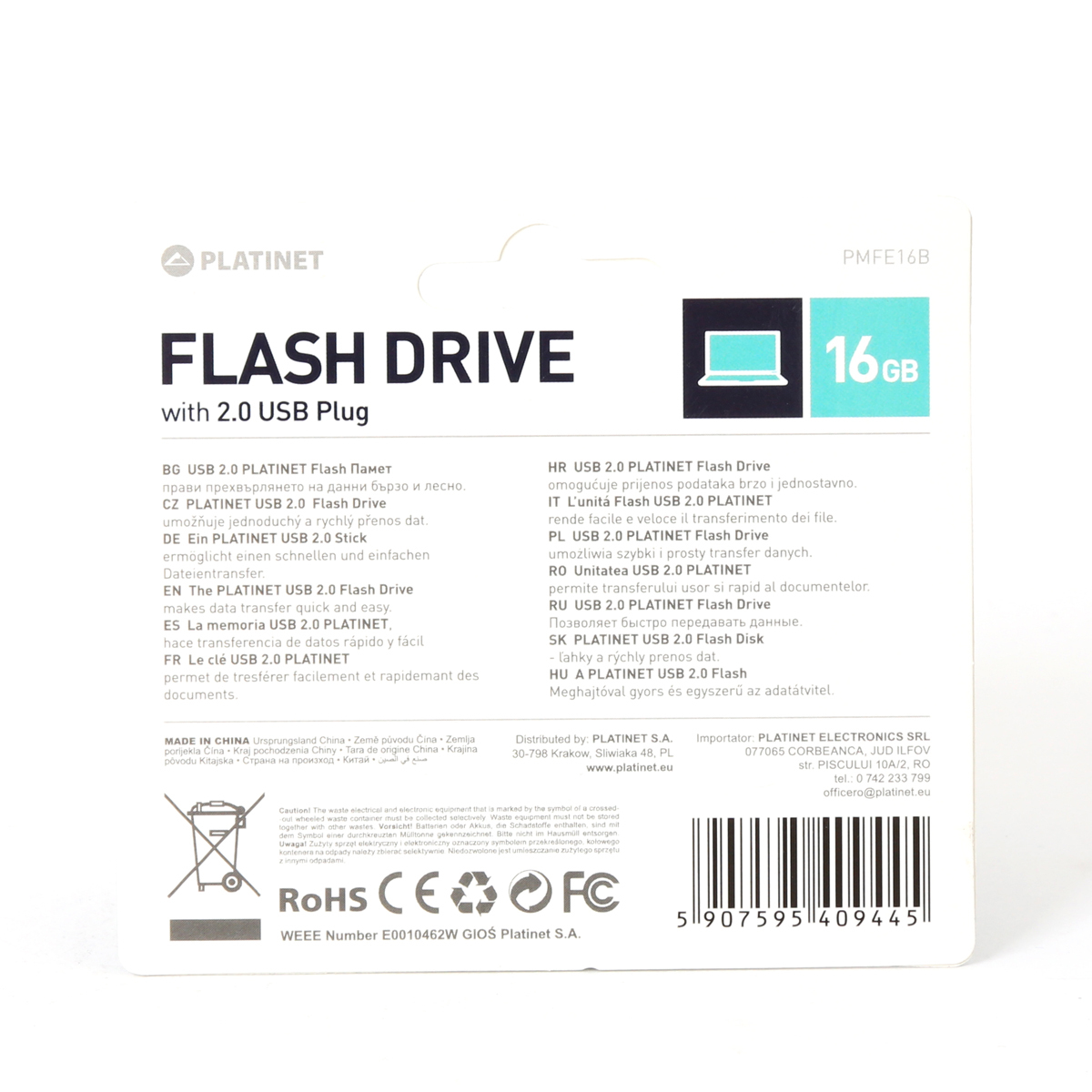 Flash-Laufwerk-Verpackung. Weißer Hintergrund. Text: Flash Drive mit 2.0 USB-Stecker. Marke: Platinet. Kapazität: 16 GB.