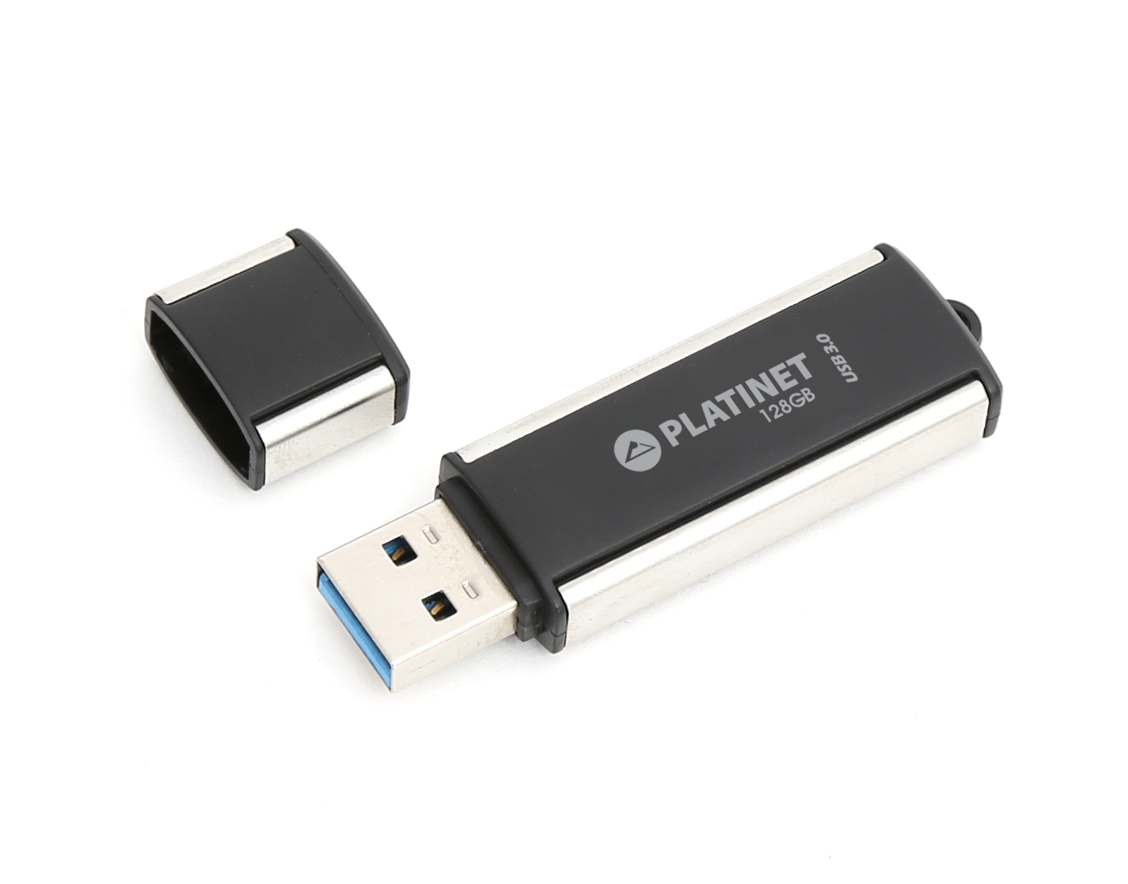 Chiavetta USB, nera e argento, con cappuccio rimosso. Sfondo bianco. USB 3.0 è scritto sull'unità.