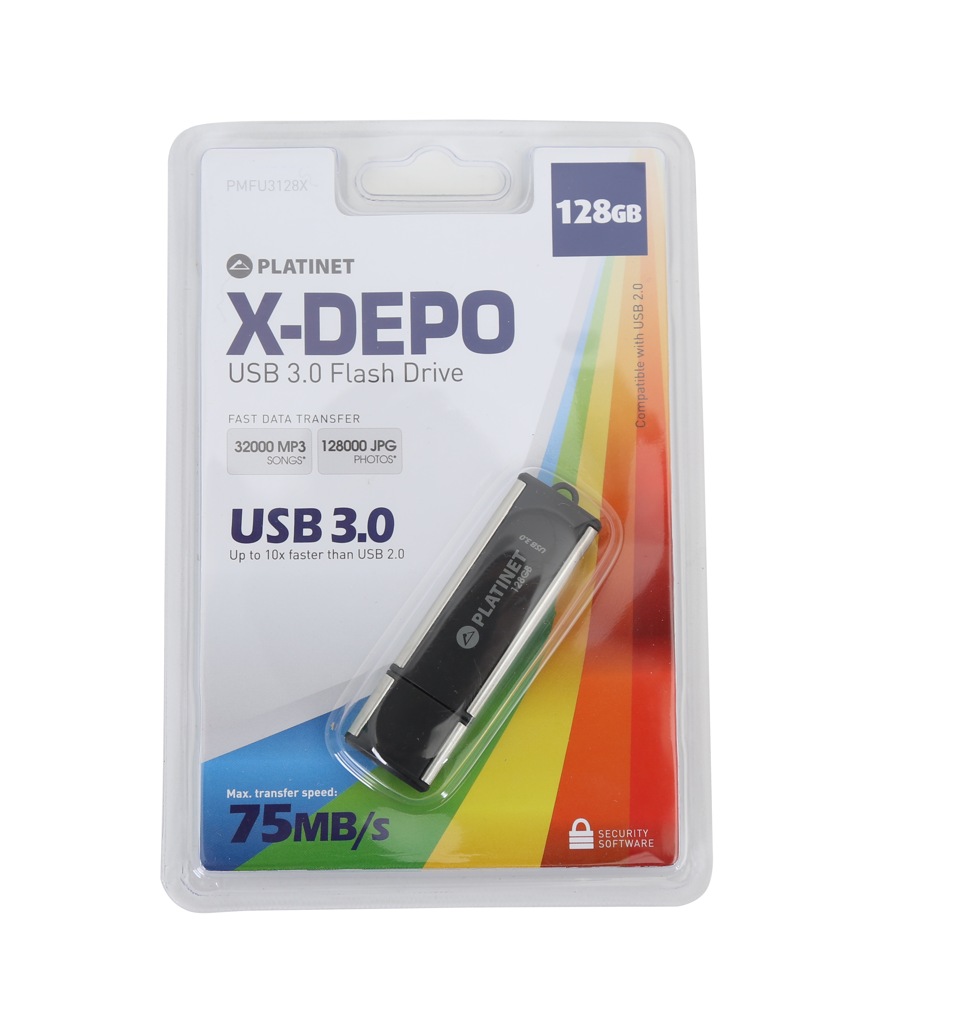 Confezione chiavetta USB 3.0 Platinet X-DEPO con una chiavetta da 128 GB all'interno.
