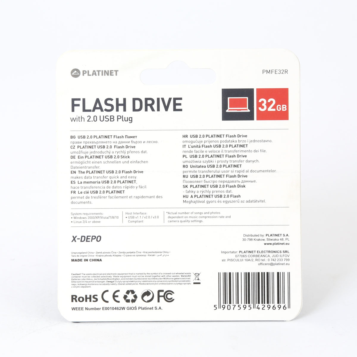 Retro della confezione Platinet Flash Drive con chiavetta da 32 GB, testo multilingue.