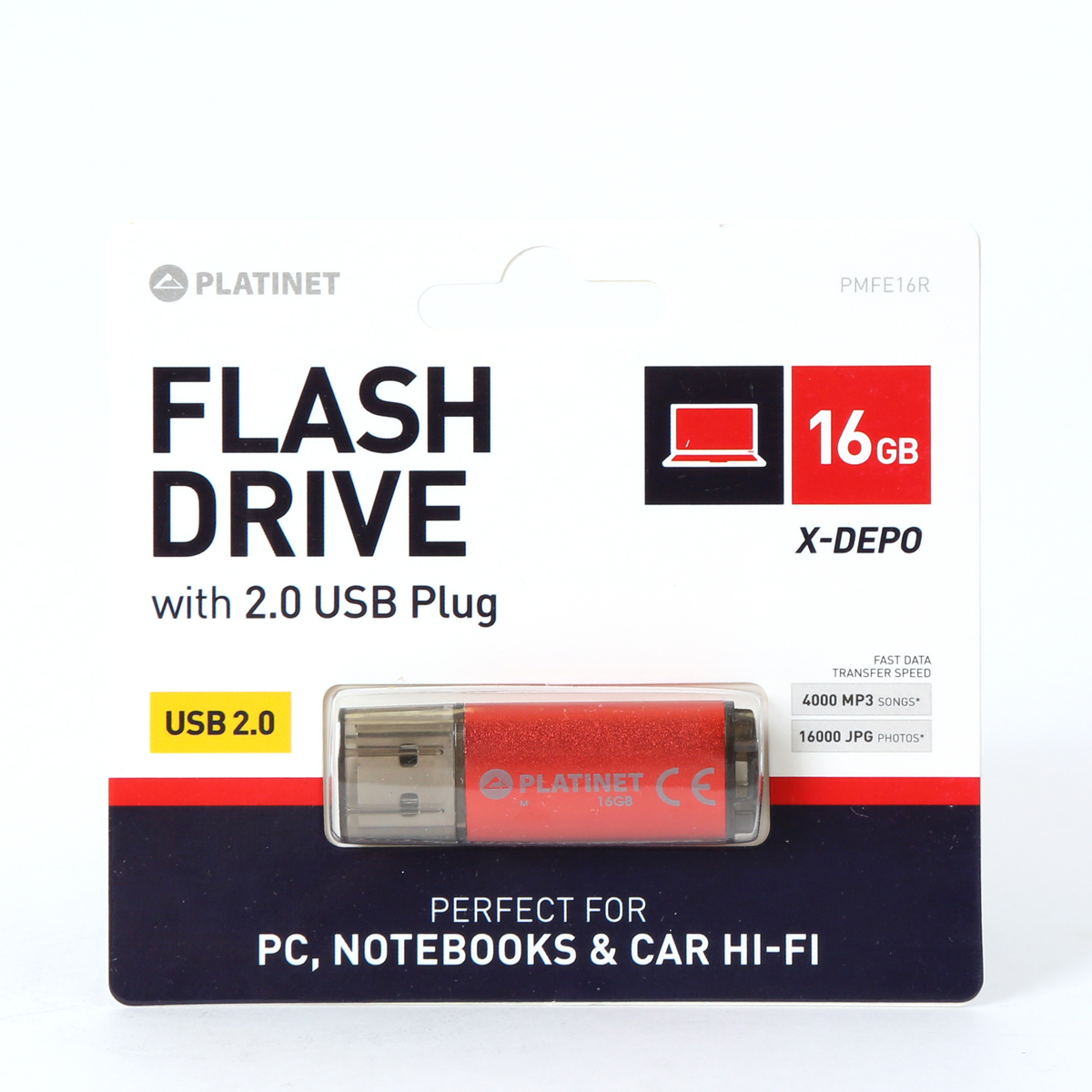 Chiavetta USB rossa e argento nella confezione. Testo: 'Flash Drive' e '16GB'.