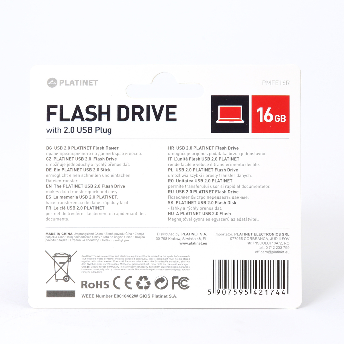 Confezione dell'unità flash con capacità di 16 GB. Retro della confezione con informazioni legali e avvertenze.