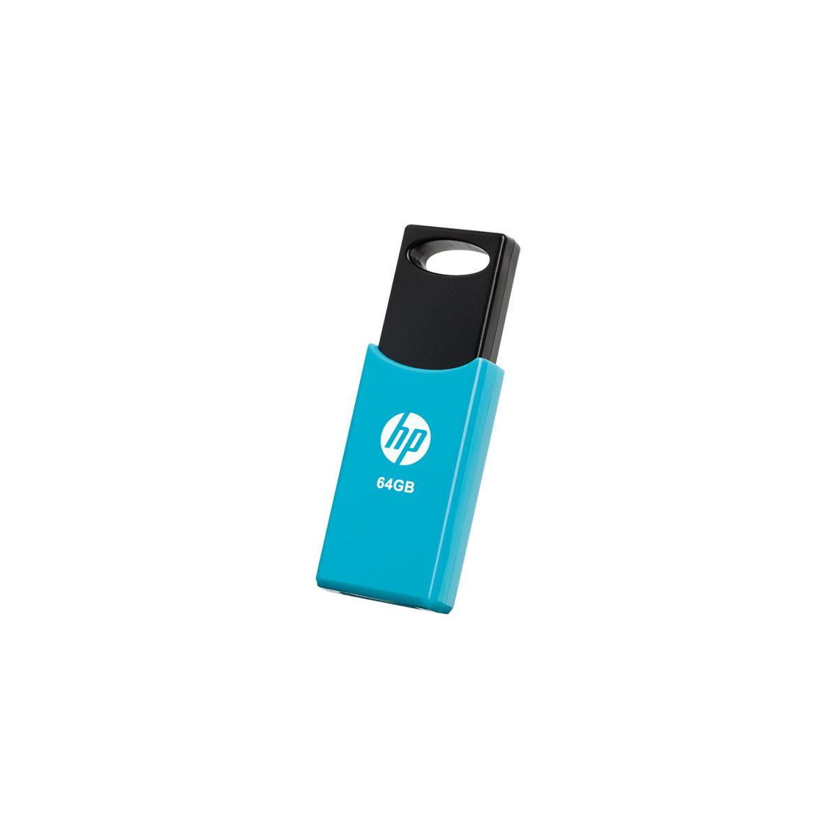 Niebieski i czarny pendrive HP, z logo HP i napisem "64GB". Białe tło.