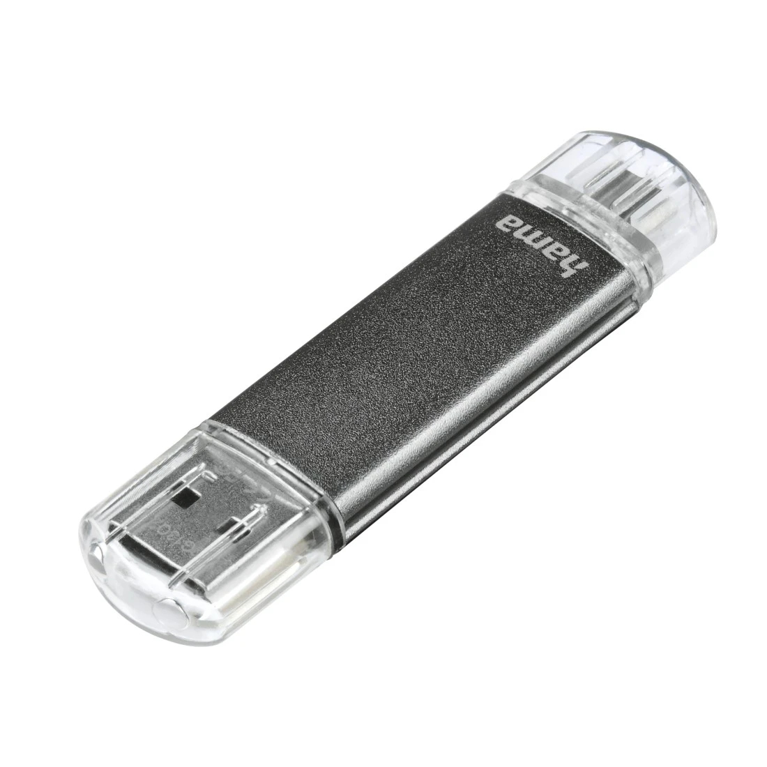 Czarny pendrive USB z przezroczystymi nasadkami, białe tło.