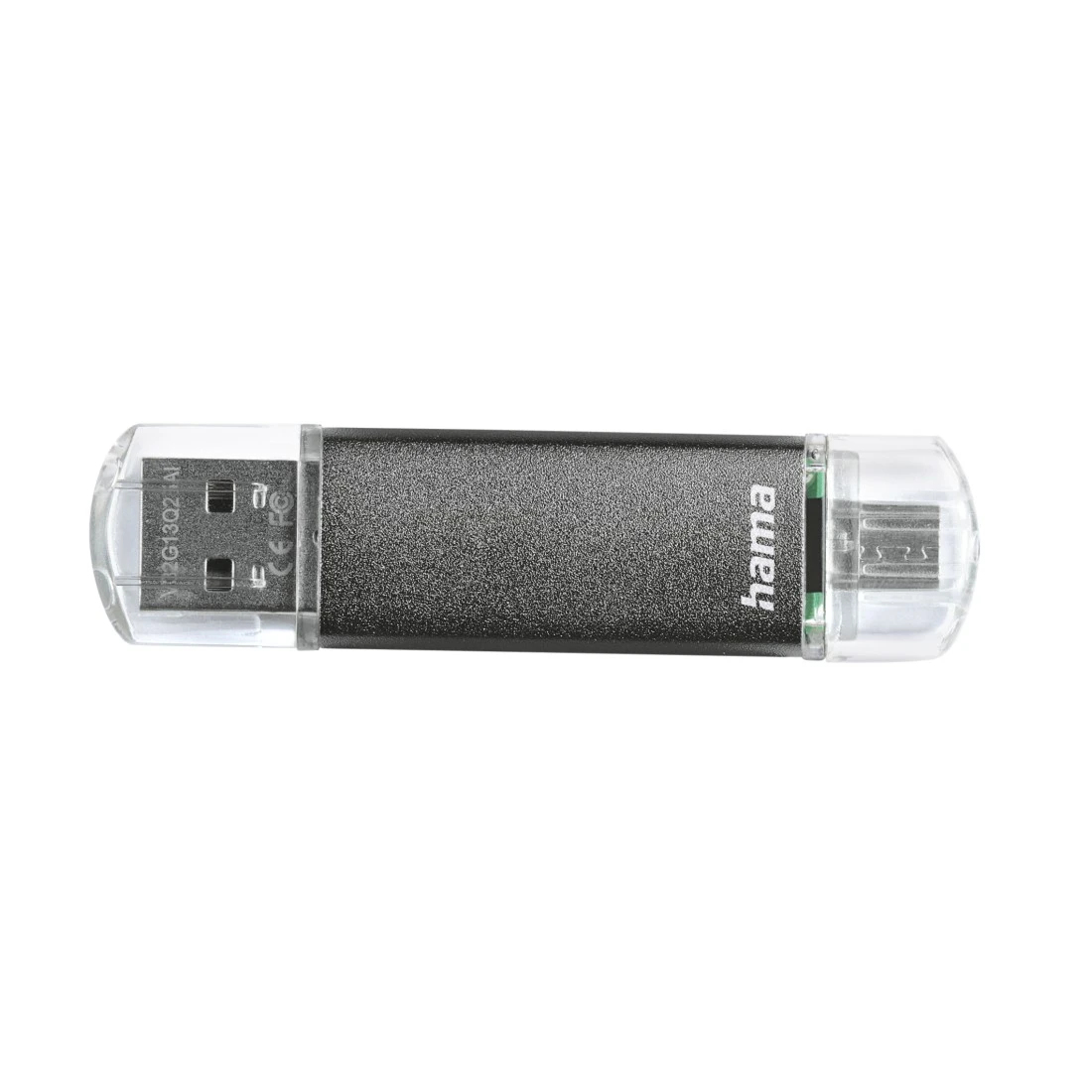 Czarny pendrive z przezroczystą plastikową nasadką. Ma nadruk 'hama'.