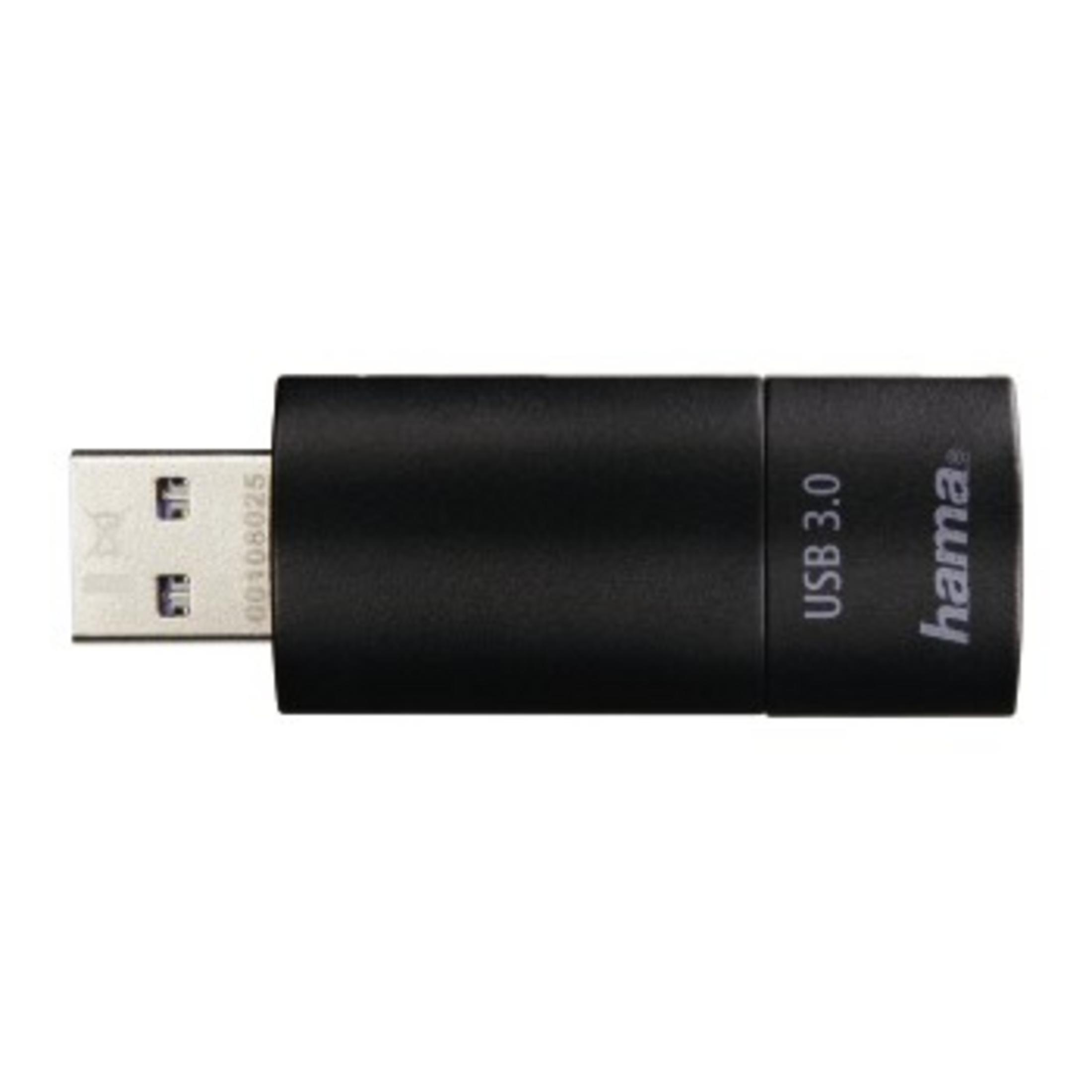 Clé USB 3.0 Hama noire. Le lecteur a un connecteur USB argenté et l'étiquette USB 3.0.