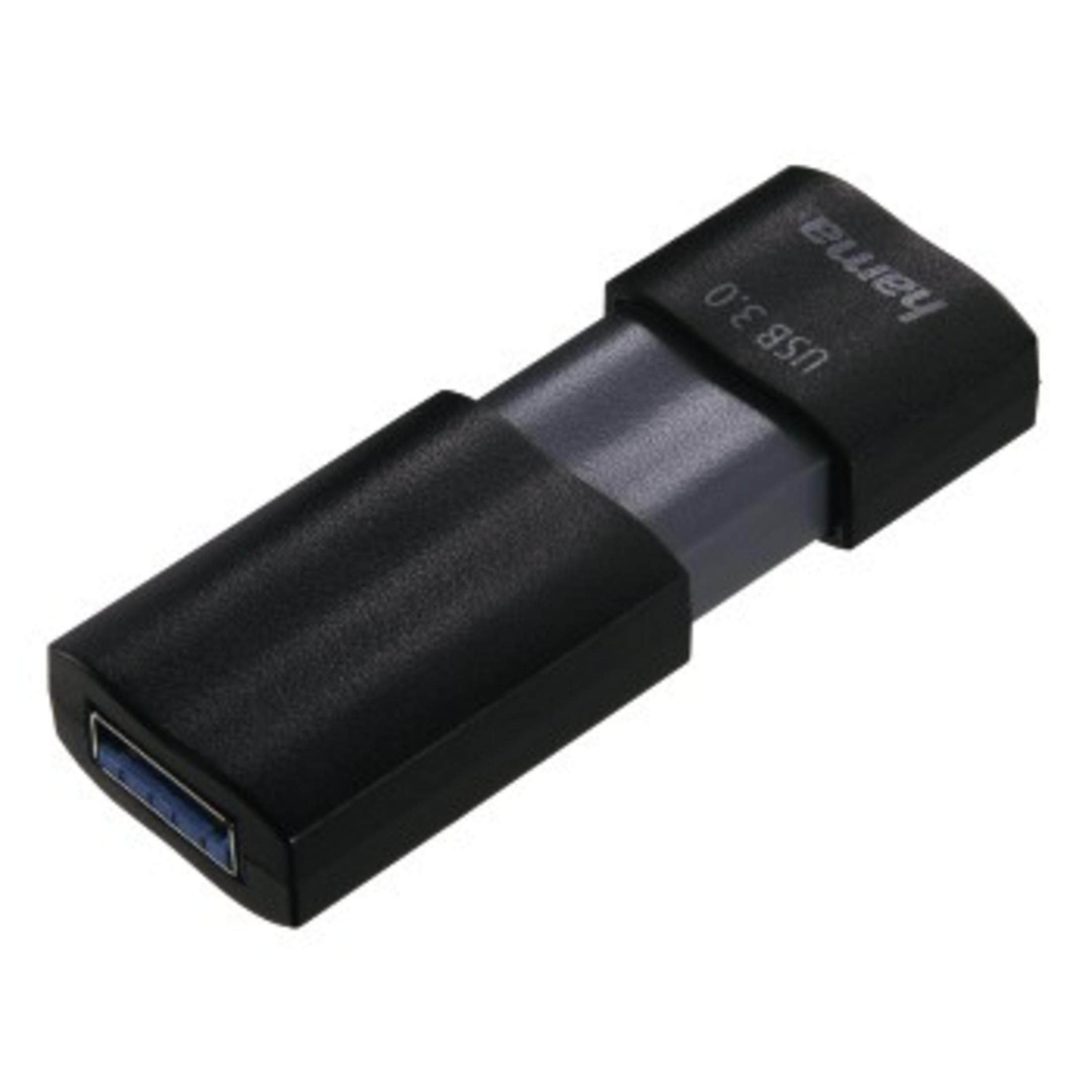 Clé USB noire avec 'hama' et 'USB 3.0'. Fond blanc.