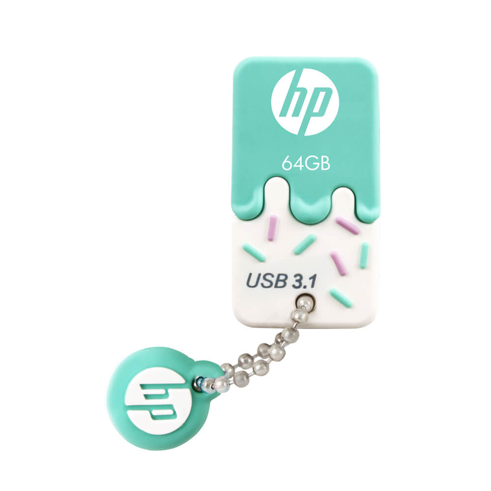 Una chiavetta USB turchese e bianca a forma di ghiacciolo. C'è scritto 'hp' e '64GB'. Ha delle codette.