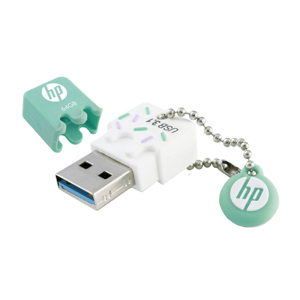 Chiavetta USB bianca a forma di torta, con cappuccio verde menta.