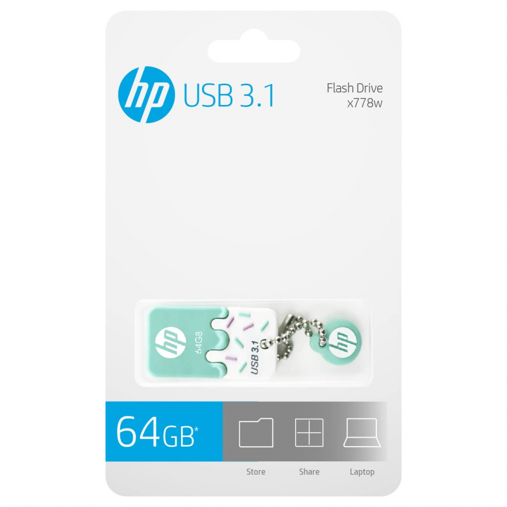 Un'unità USB verde menta e bianca nella confezione. La confezione ha il logo 'hp' e testo.