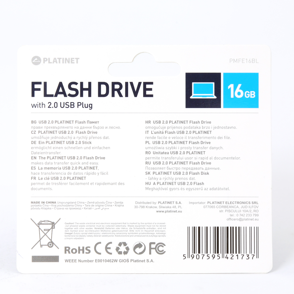Confezione retail Platinet Flash Drive. La capacità è di 16 GB, USB 2.0.