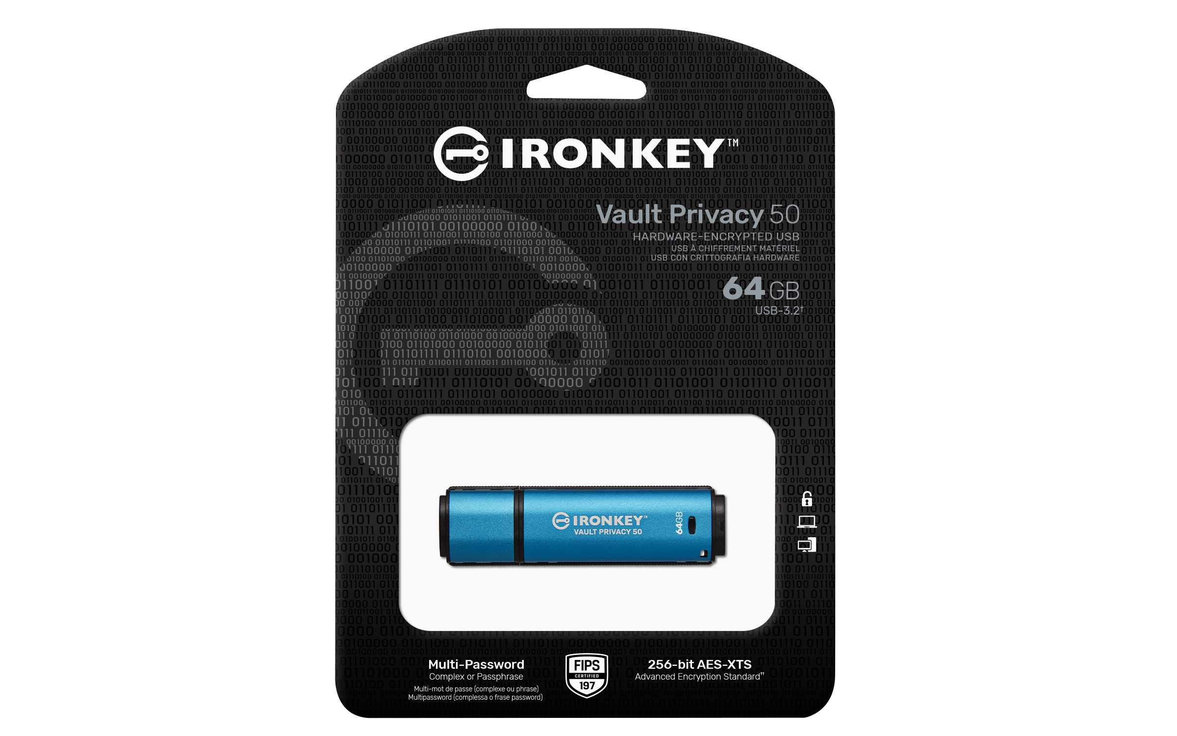 Niebieski pendrive Ironkey w czarno-białym opakowaniu. Opakowanie mówi 'Vault Privacy 50'.