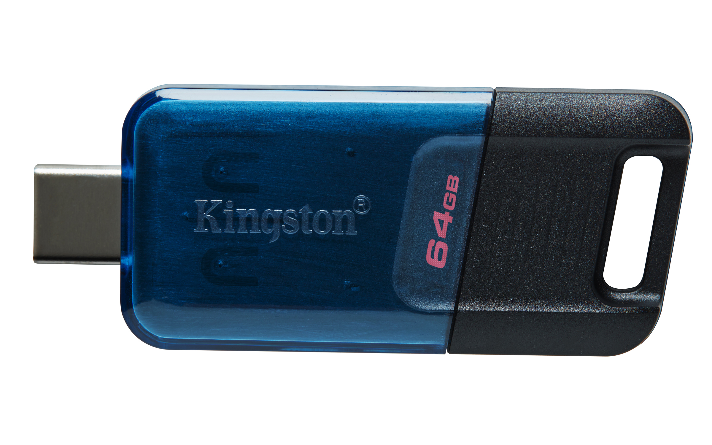 Unidad USB Kingston azul y negro. Capacidad 64GB. La marca es visible.