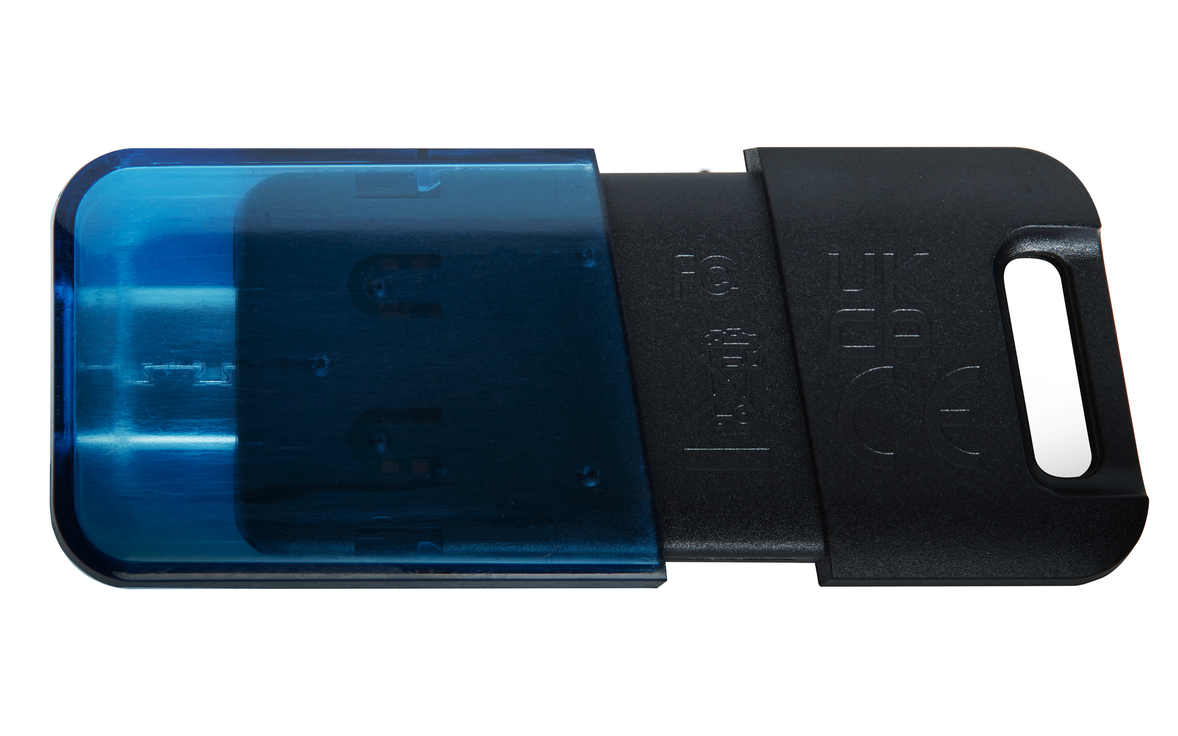 Unidad USB azul con carcasa negra. Tiene sección azul transparente y dice 'UK'.