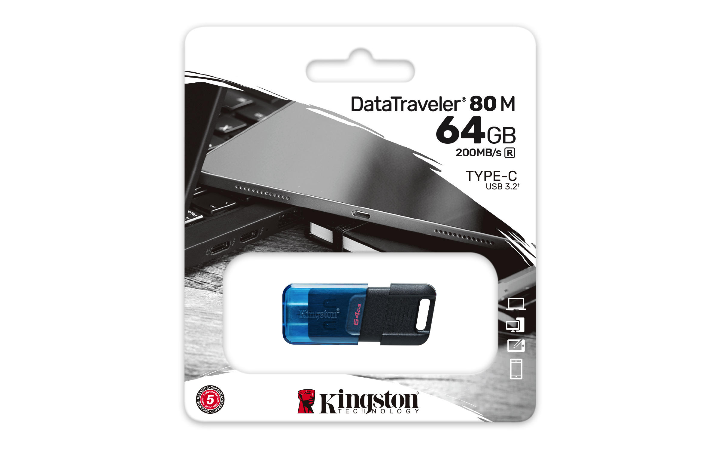 Unidad USB DataTraveler en embalaje. Es negra y azul, con una imagen de portátil.