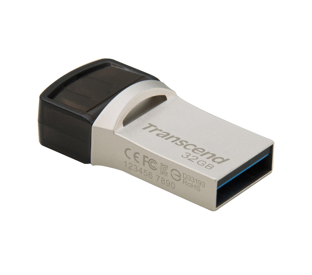 Srebrny pendrive Transcend. Pendrive ma czarną górę i nazwę marki.