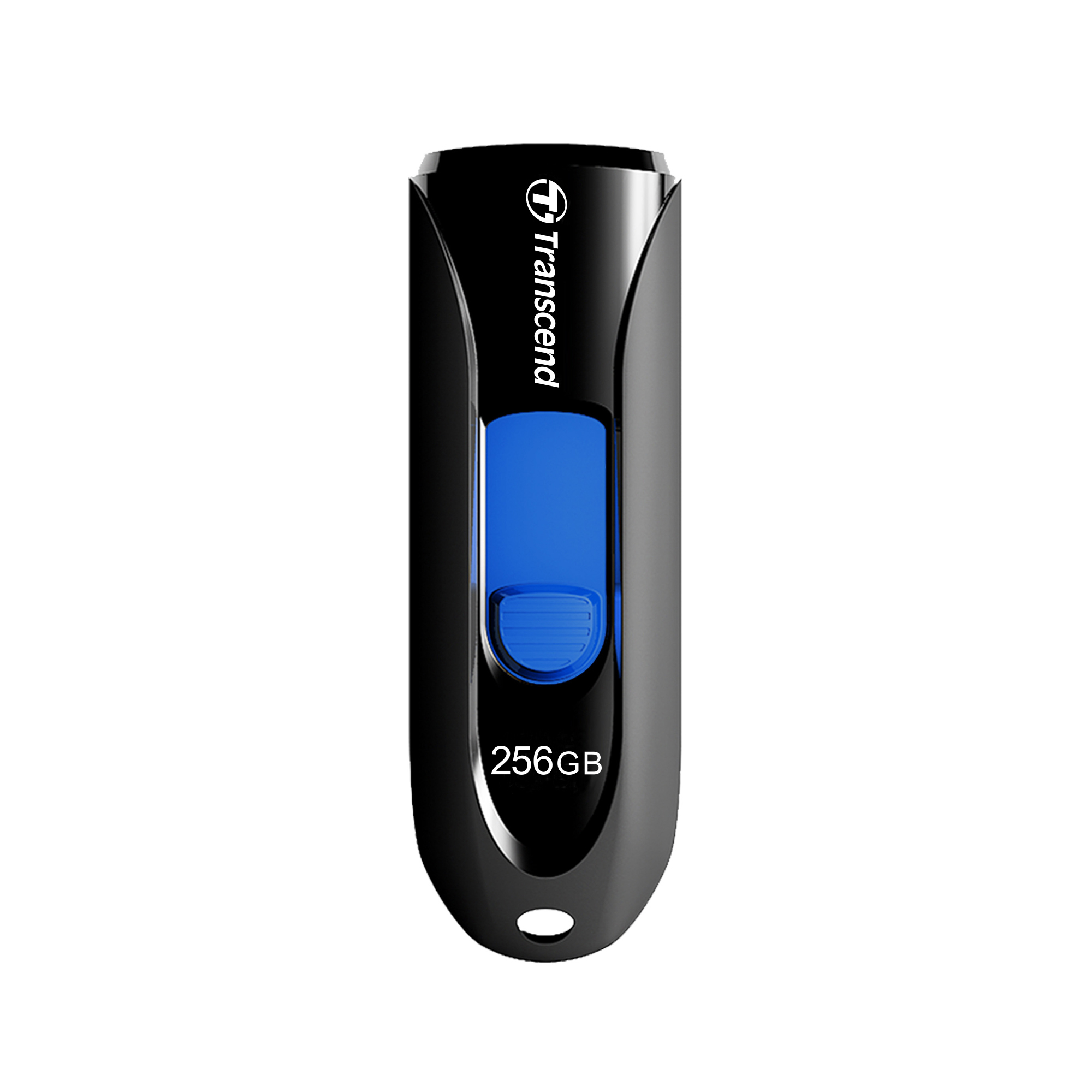 Clé USB noire, marque Transcend, bouton bleu, capacité 256 Go.