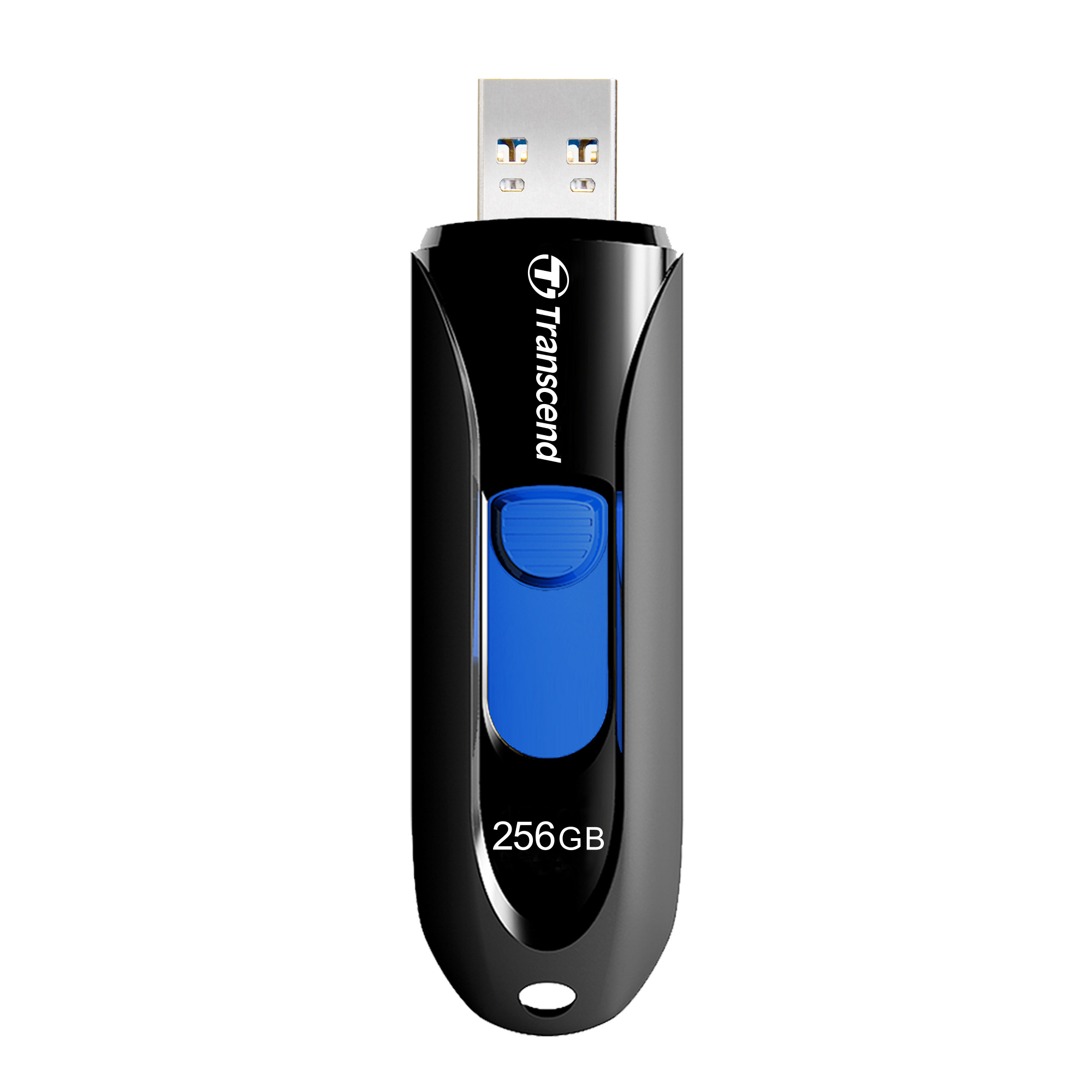 Clé USB noire, marque Transcend, bouton bleu, capacité 256 Go.