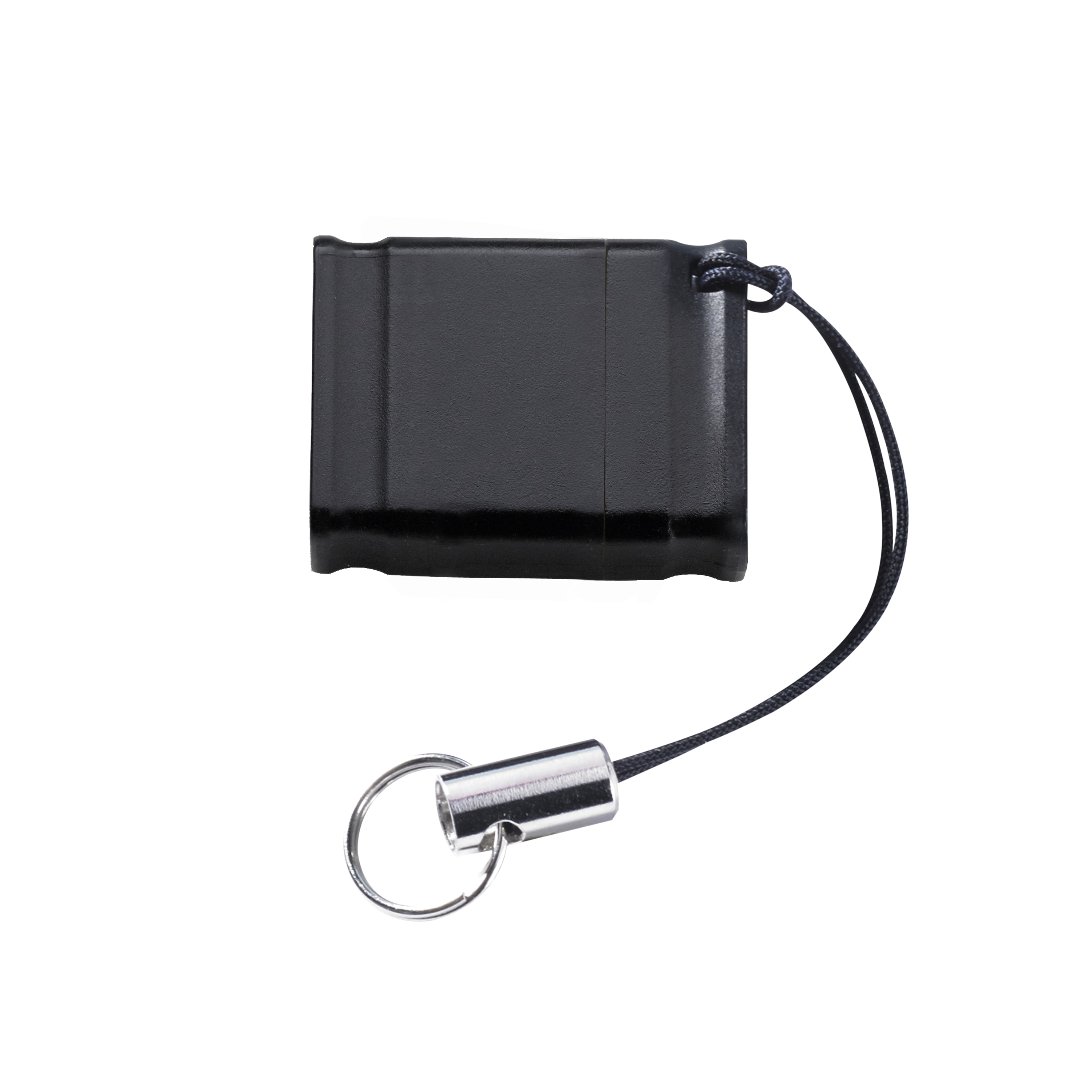 Schwarzer USB-Stick mit schwarzem Kabel und silbernem Ring. Der Stick ist schwarz.