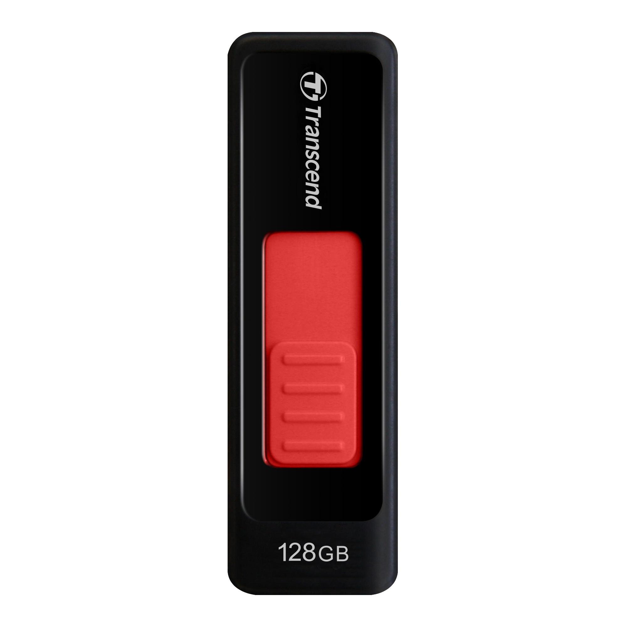 Clé USB Transcend noire d'une capacité de 128 Go, avec des accents rouges et un logo blanc.