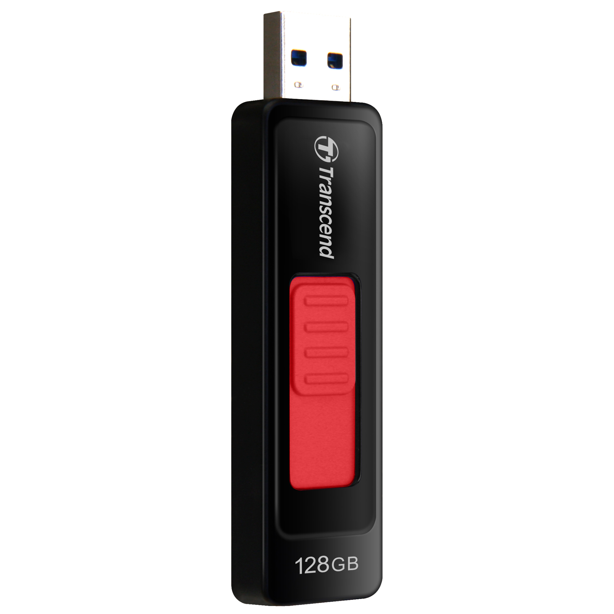 Clé USB Transcend noire avec curseur rouge, 128 Go, fond blanc.