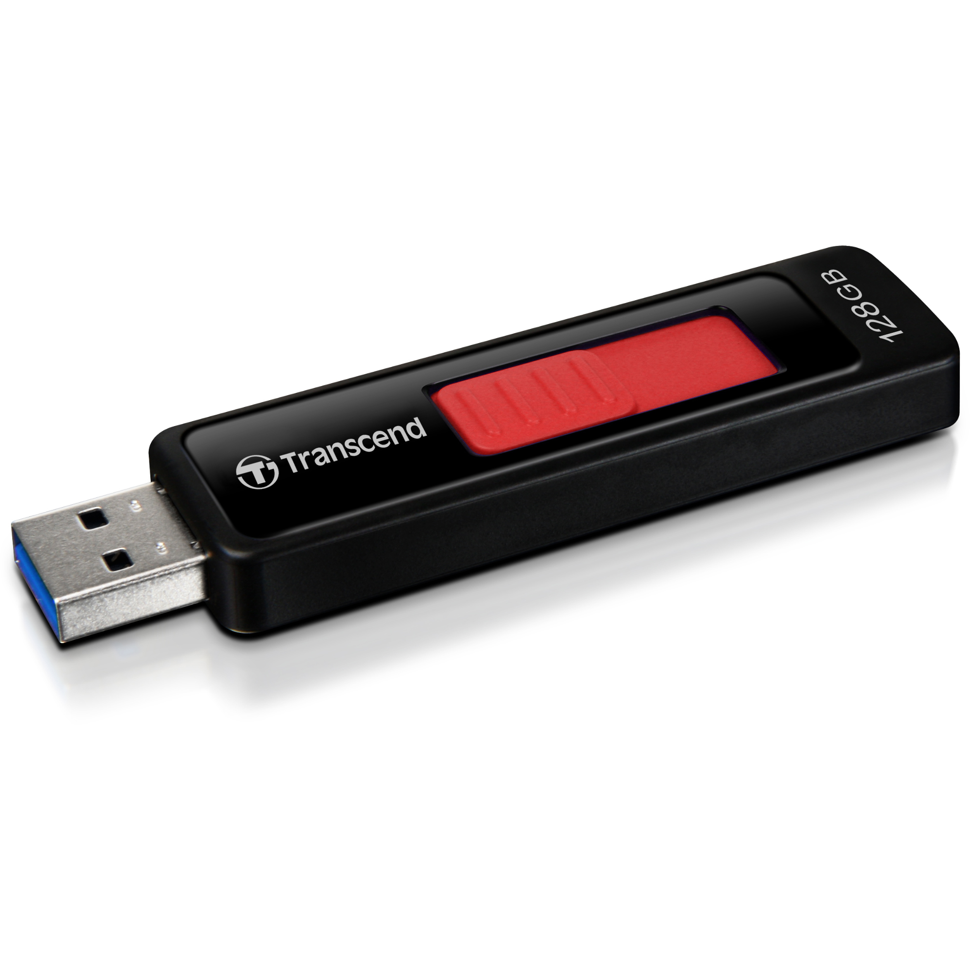Une clé USB Transcend noire avec un centre rouge. Elle fait 128 Go et est sur fond blanc.