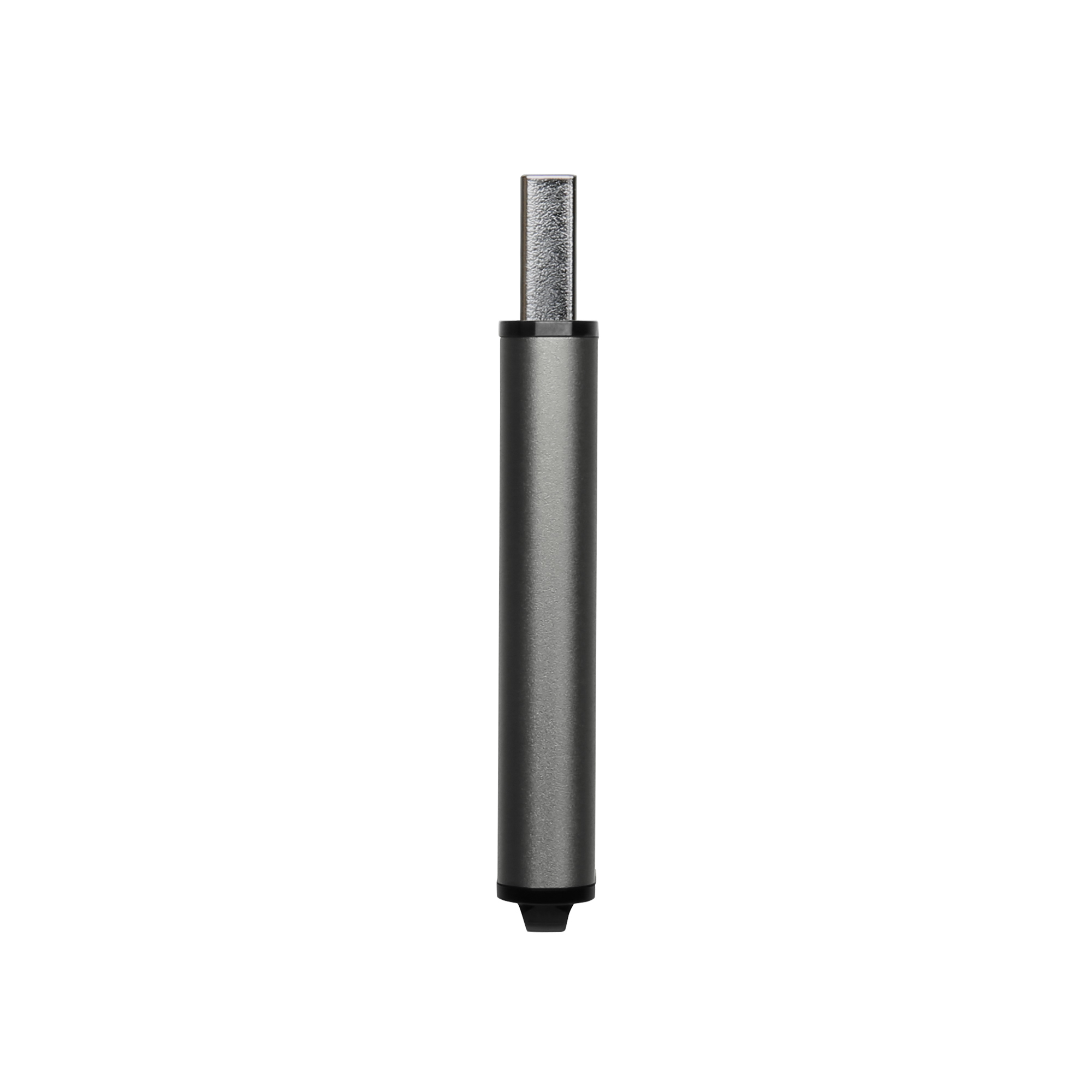 Zilveren USB-stick. De stick heeft een zwarte bovenkant en een zilveren behuizing.