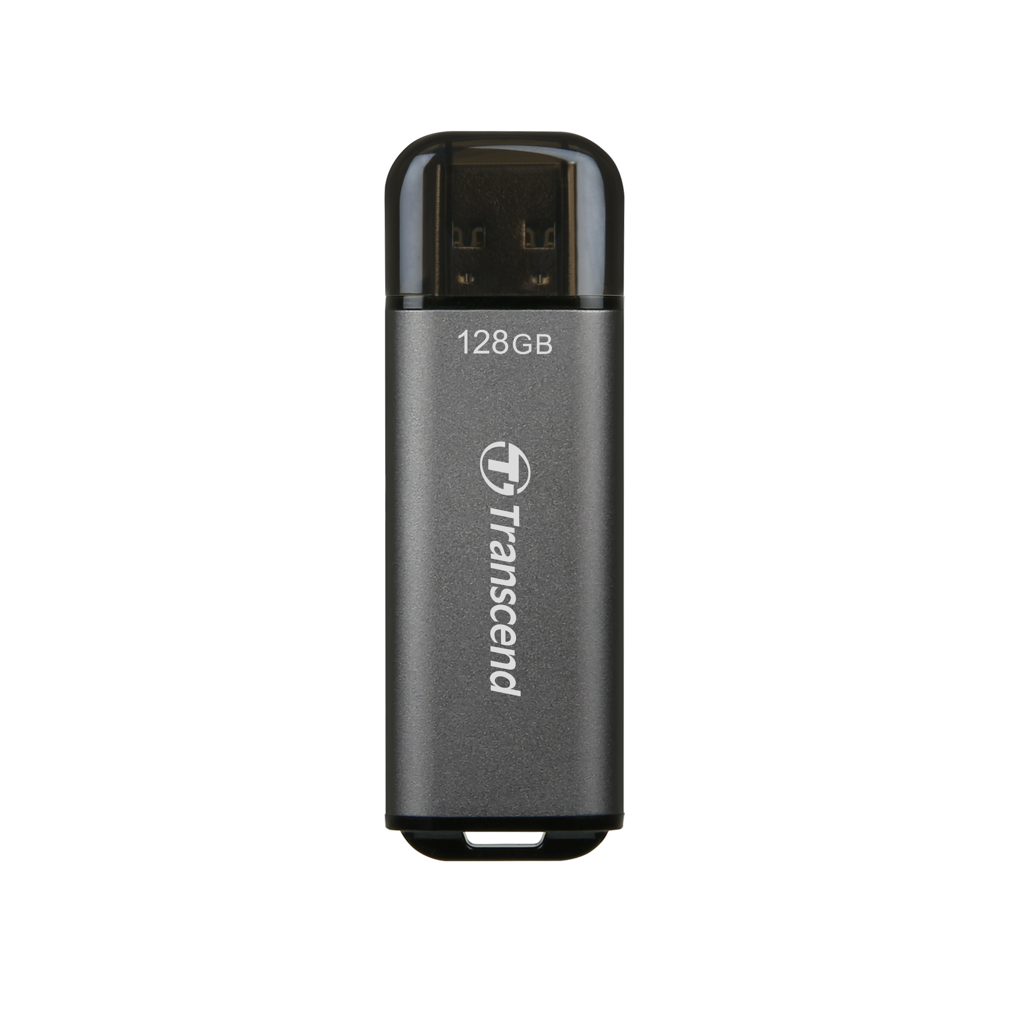 Transcend 128GB USB-stick met doorzichtige dop, grijze behuizing.