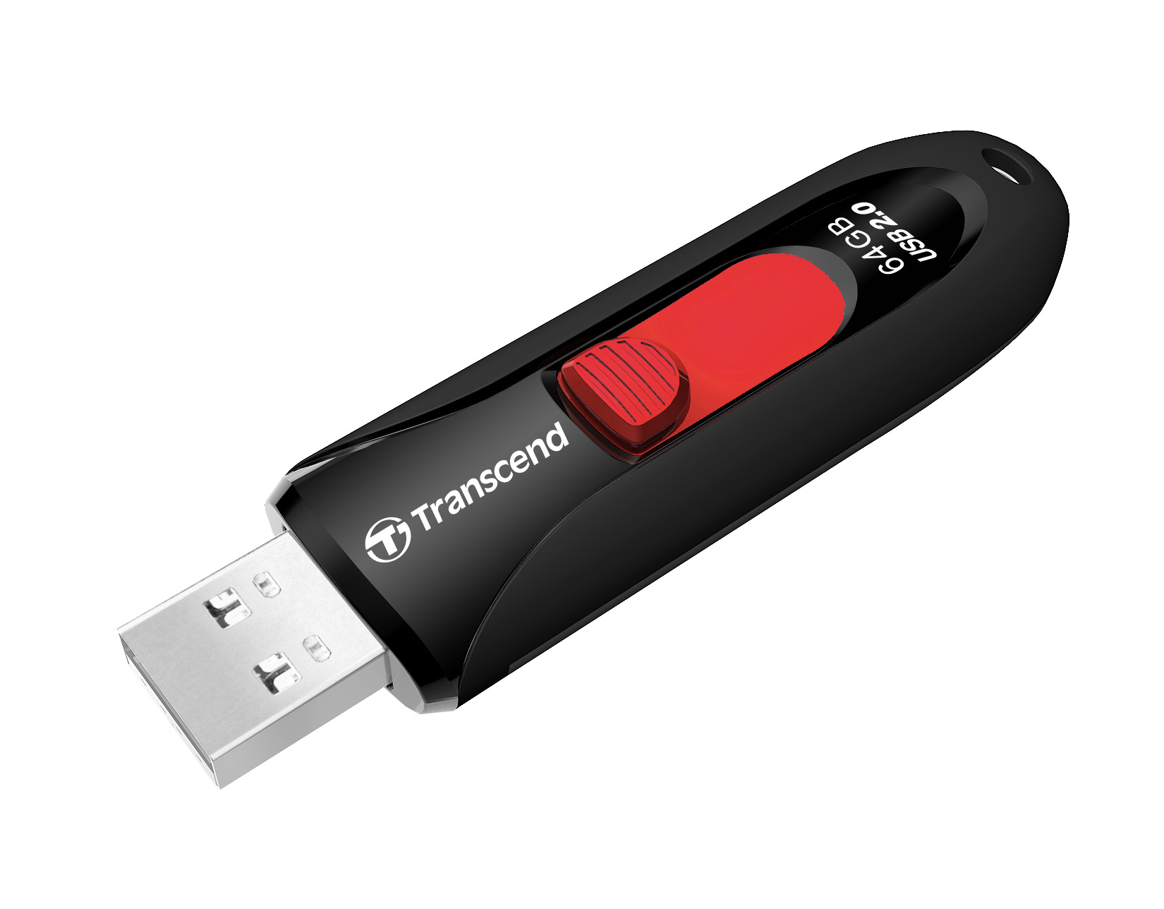 Een zwarte en rode Transcend USB-stick, met een rode knop. De capaciteit is 64GB.