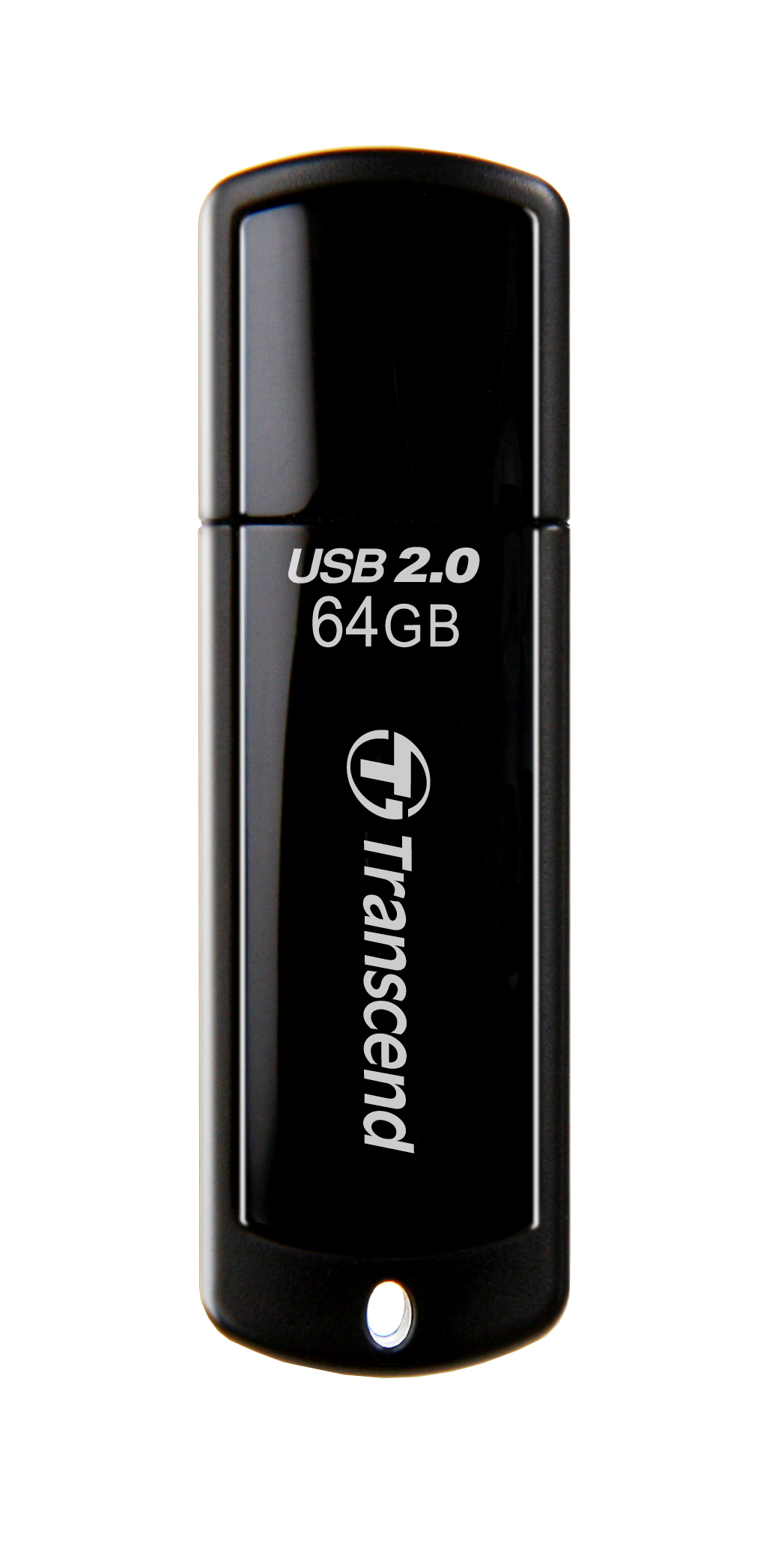 Czarny pendrive Transcend. Ma pojemność 64 GB i logo USB 2.0.