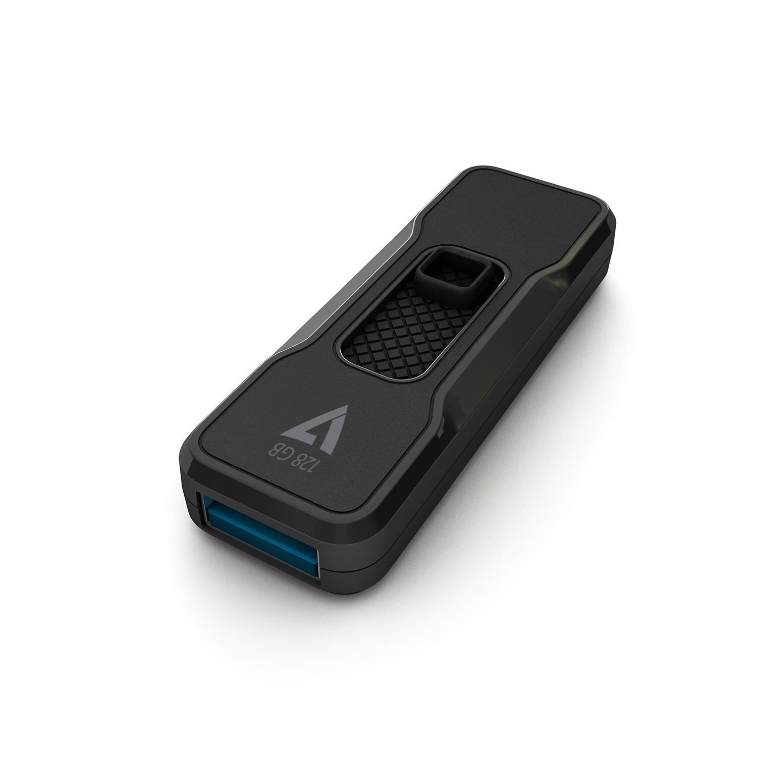 Czarny pendrive. 128GB napisane. Białe tło.