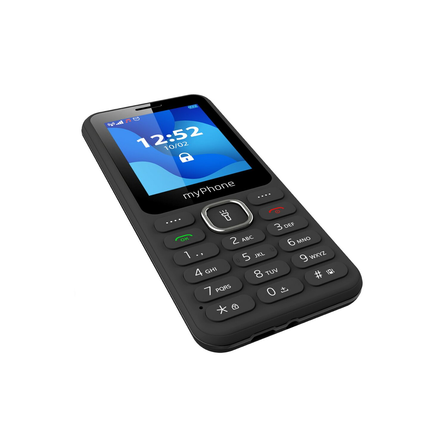 Schwarzes myPhone, Uhrzeit 12:52 auf dem Bildschirm. Schwarze Tastatur mit Zahlen. Weißer Hintergrund.