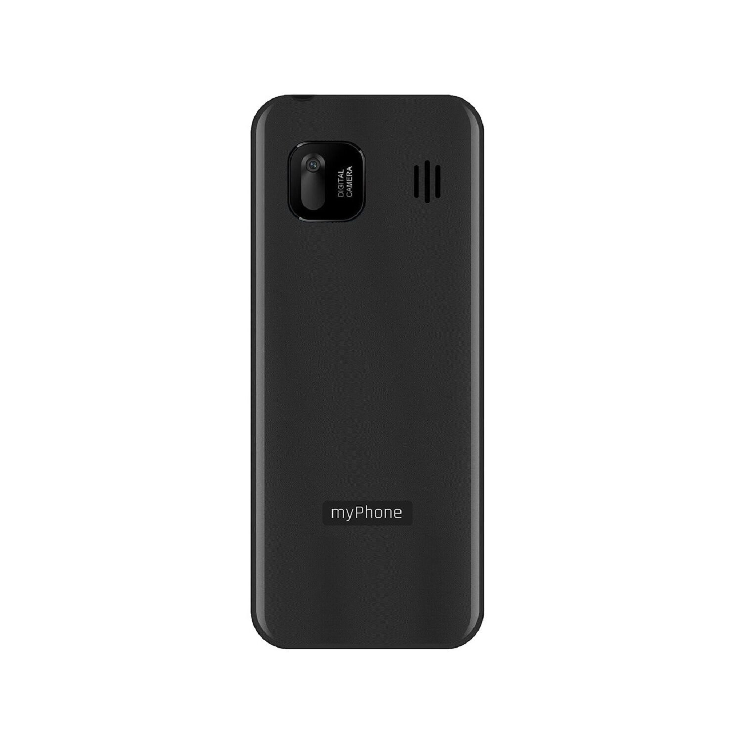 Schwarzes myPhone, Rückansicht, mit Kamera, Blitz und Lautsprecher, auf weißem Hintergrund.