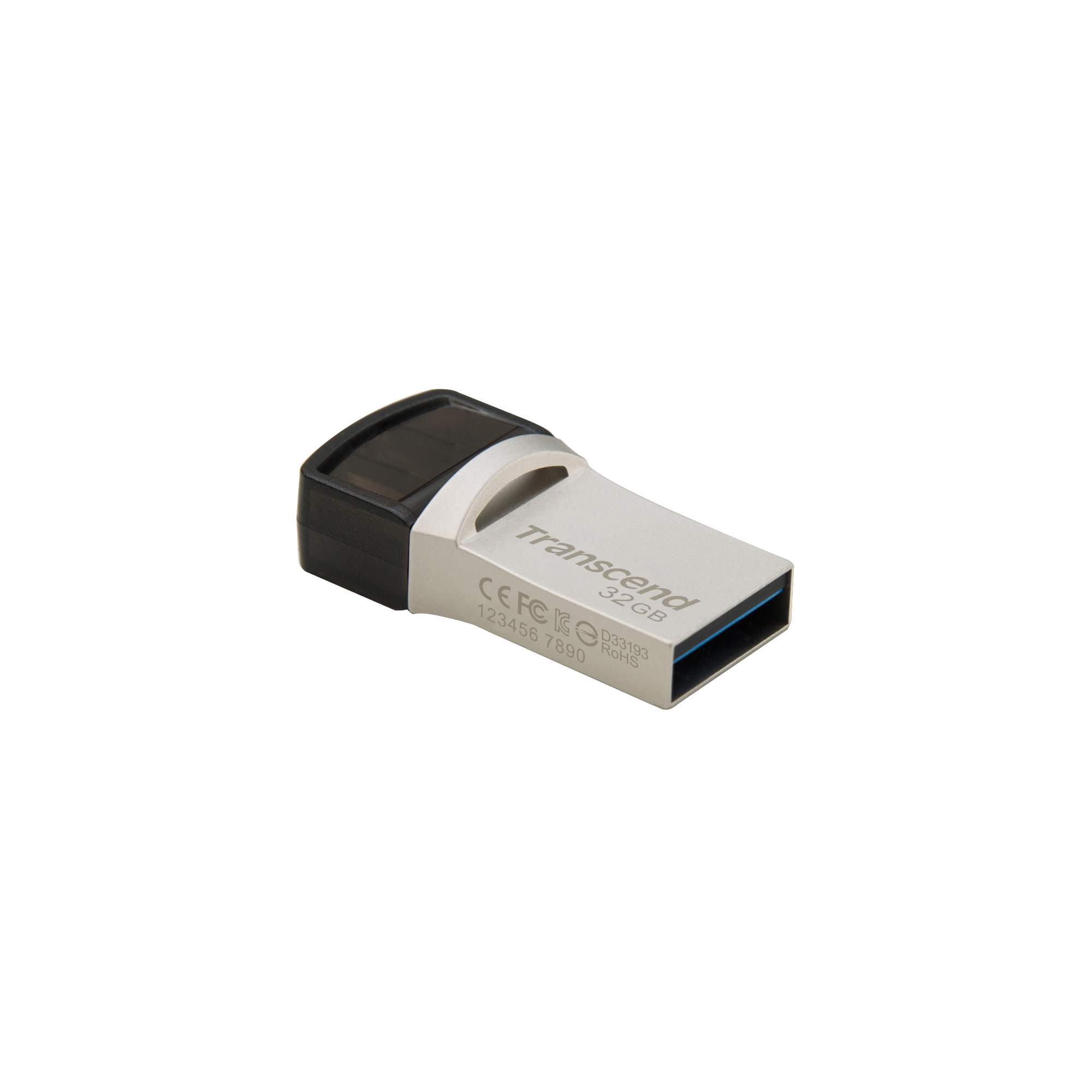 Srebrno-czarny pendrive Transcend. Czarna końcówka i port. Białe tło.
