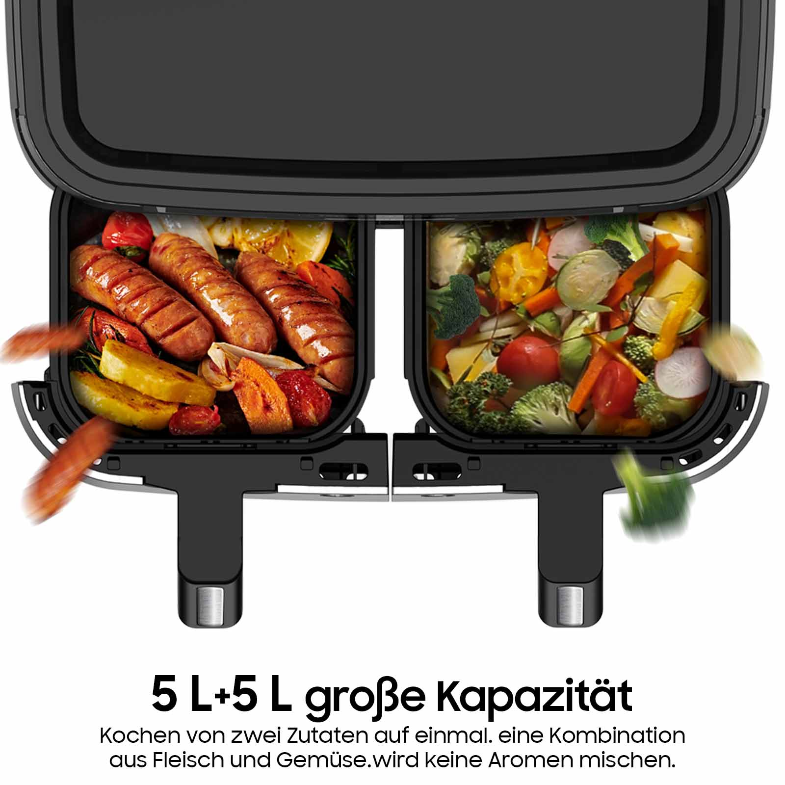 Schwarze Heißluftfritteuse mit zwei Fächern, eines mit Würstchen, eines mit Gemüse.