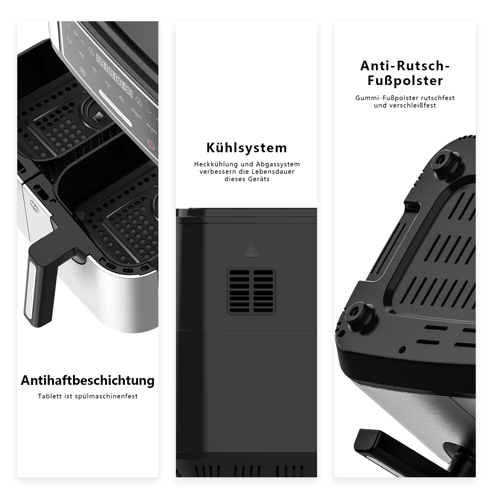 Heißluftfritteuse mit offenem Deckel, zeigt Körbe. Schwarz und Silber, mit Text auf Deutsch, auf Weiß.