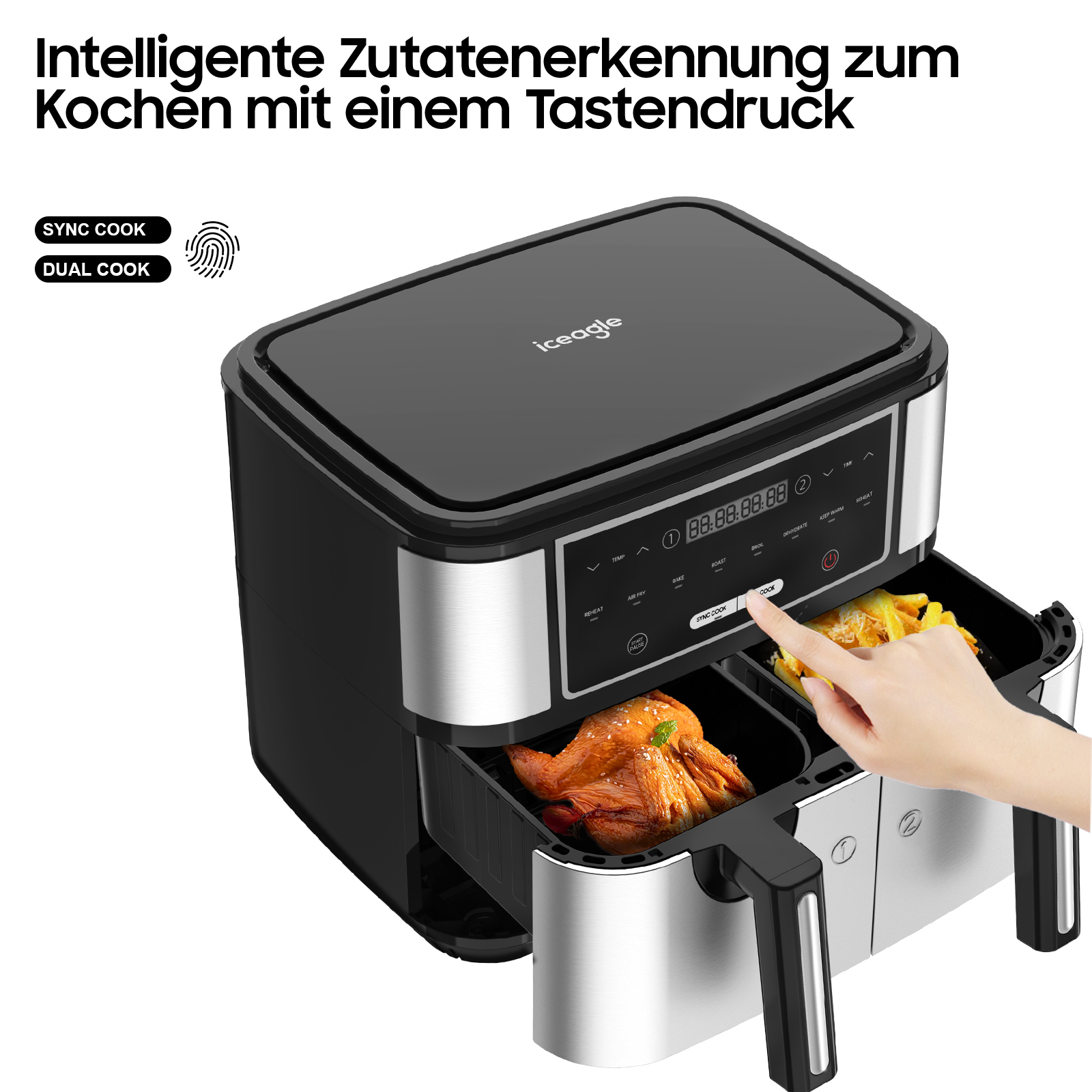 Schwarze und silberne Heißluftfritteuse mit Doppelkörben, eine Hand berührt den Bildschirm.
