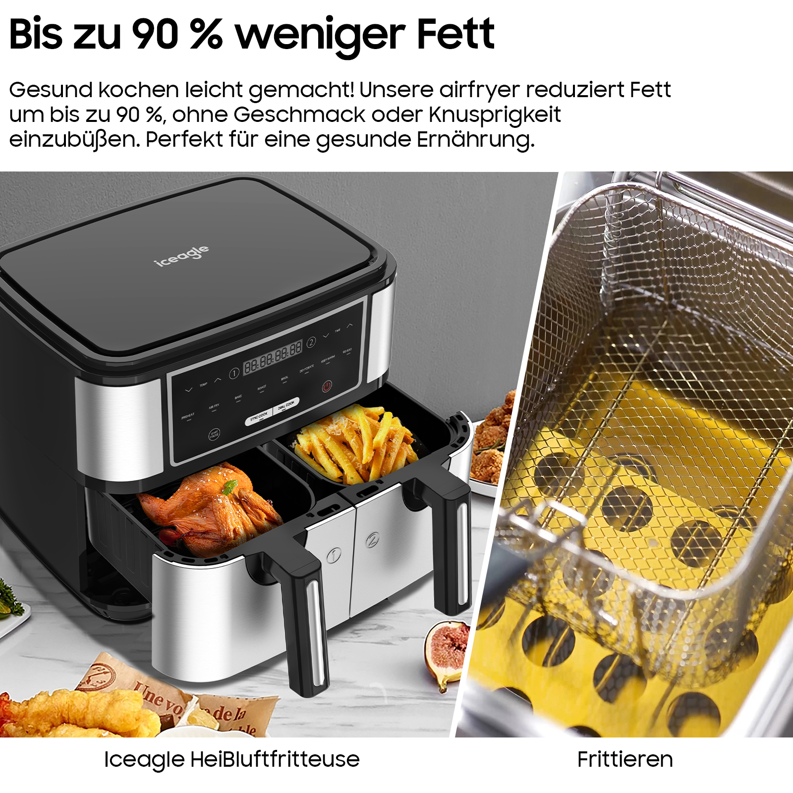 Heißluftfritteuse mit Hähnchen und Pommes. Text besagt weniger Fett als herkömmliche Fritteuse.