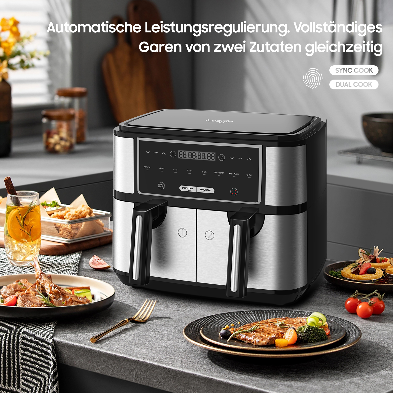 Heißluftfritteuse mit Essen, einschließlich Steak, Hähnchen und Gemüse, Nahaufnahme.