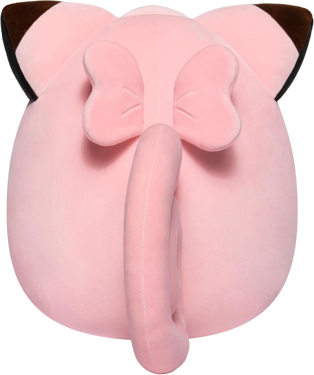 Vista trasera de un juguete de peluche rosa Jigglypuff, con un lazo y cola sobre fondo blanco.