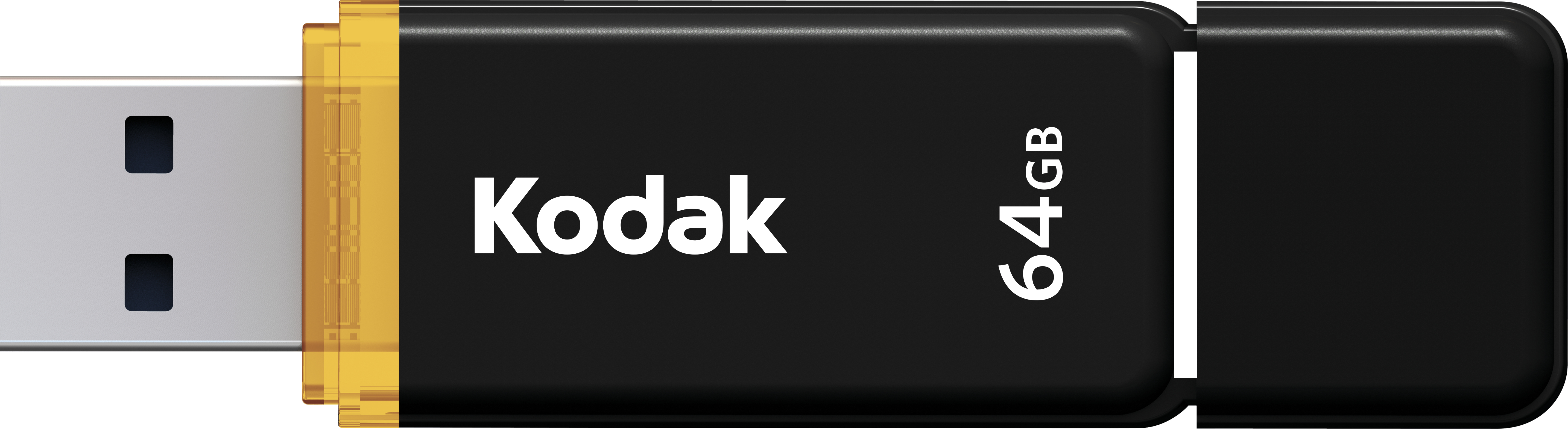 Pen drive USB Kodak nero da 64 GB con connettore giallo, isolato su bianco.