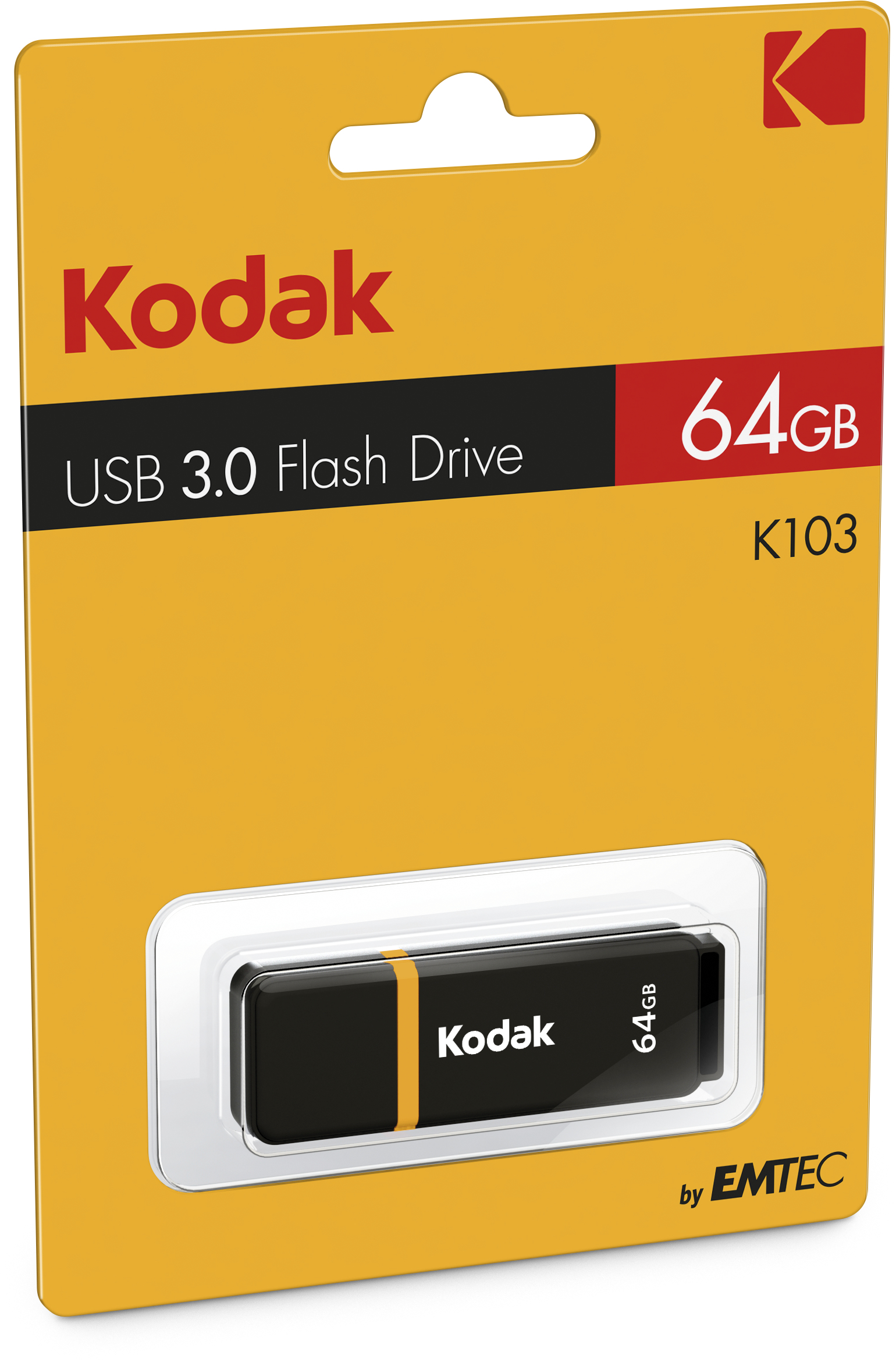 Unità USB Kodak nera e gialla in una confezione gialla. Etichetta da 64 GB. Sfondo bianco.