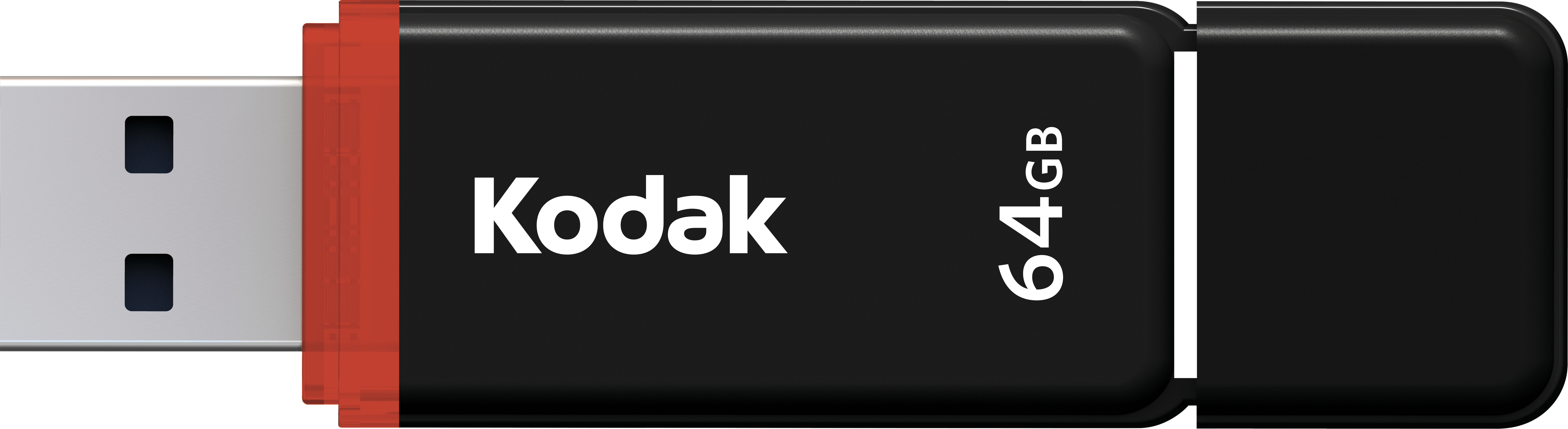 Czarny dysk USB Kodak z czerwoną końcówką. Etykieta 64 GB. Białe tło.